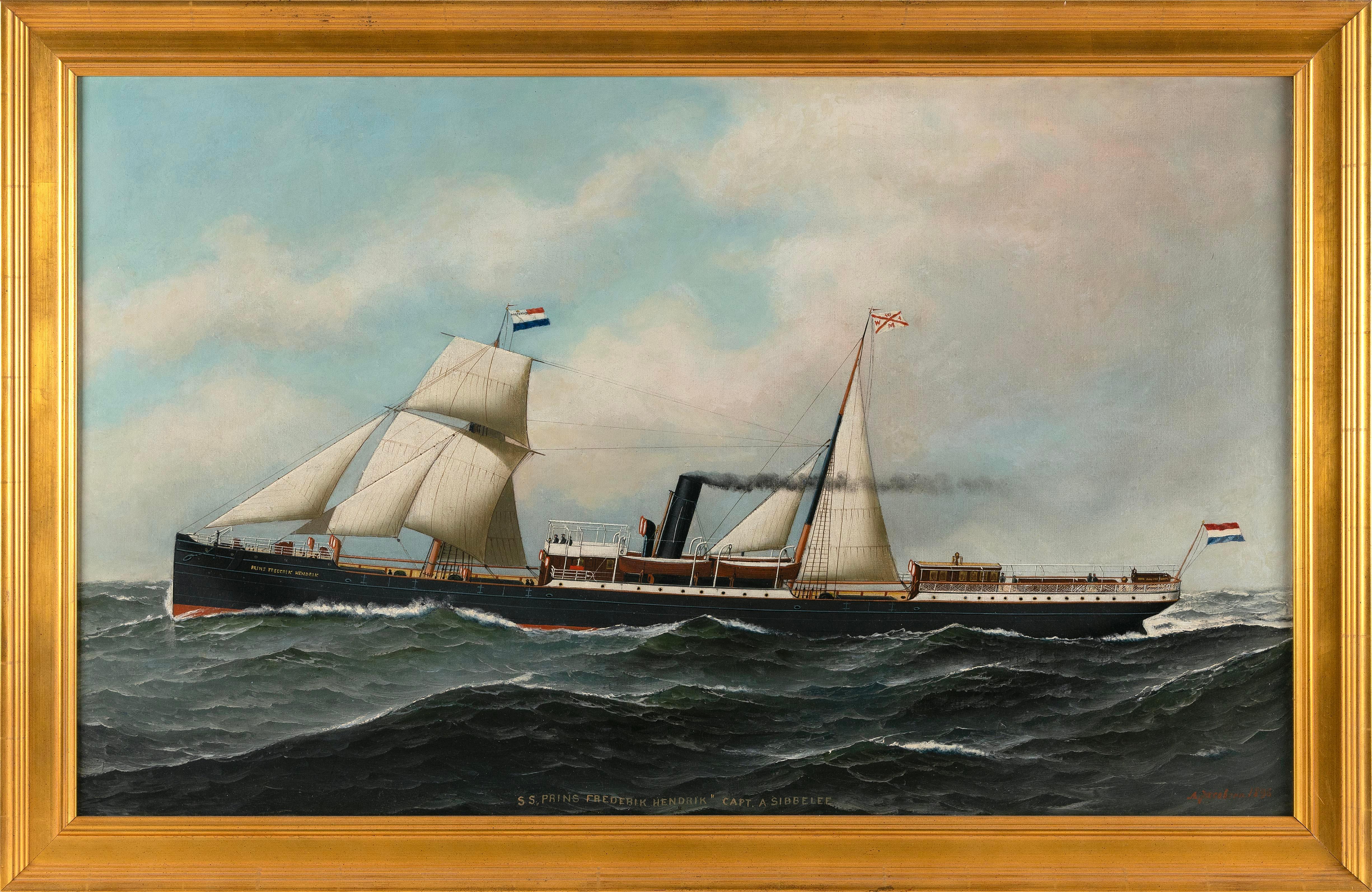 Antonio Jacobsen Landscape Painting - Portrait Of The Steam/Sail Ship The Prins Frederik Hendrik