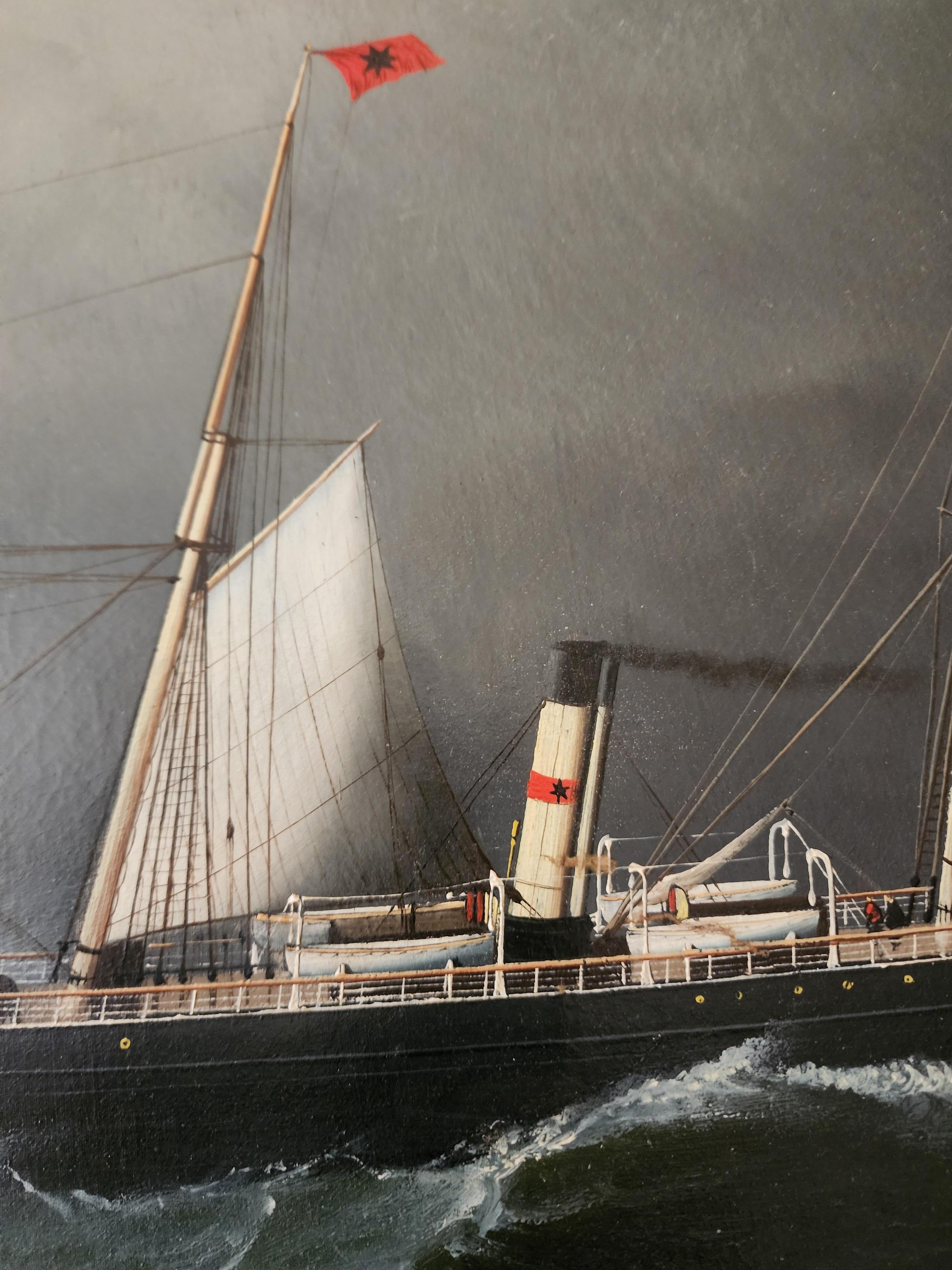 Signed lower right & dated 1879. 

Antonio Jacobsen’s painting of the Thingvalla (a shipping line between Scandinavia and the United States) is a masterclass in maritime artistry, showcasing his signature crisp brushwork and dynamic composition.