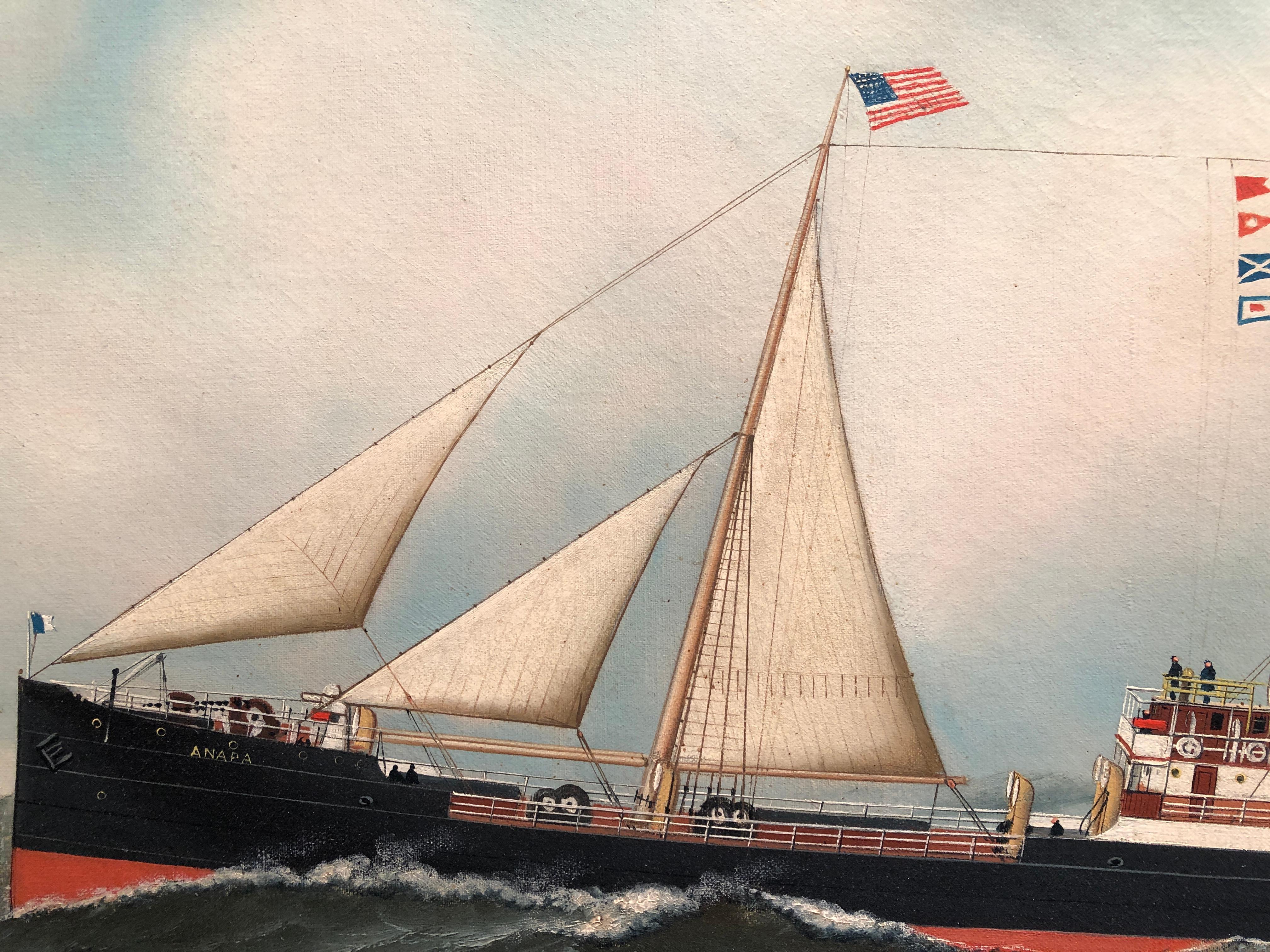 A traditional marine ship portrait of Steamship Anapa, which was built in New Castle-Upon-Tyne in 1896 and sailed various lines until 1912, when her name was changed to Tenzan Maru, under which she sailed until 1920. This is a fine example of