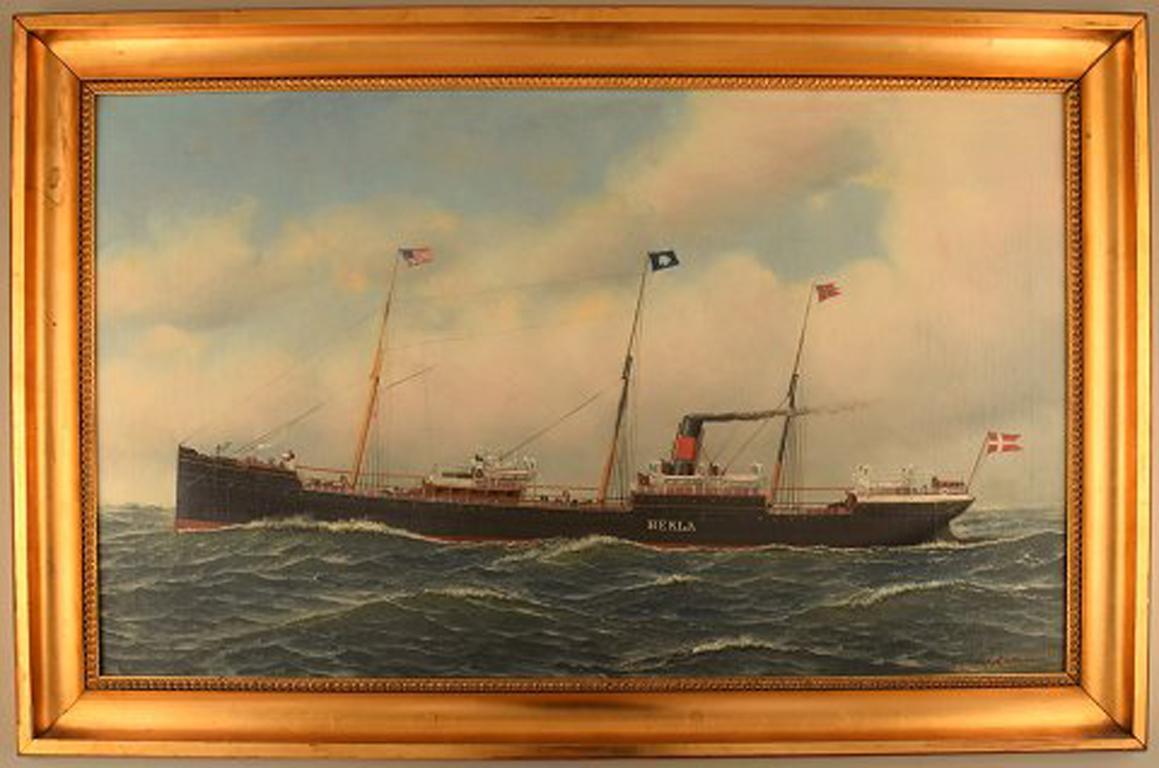 Antonio Jacobsen, the steamer Hekla from Scandinavian American Line. 
Oil on canvas. 
Signed and dated: A. Jacobsen 1899, 31 Palisade Av. West Hoboken N. 
The canvas measures: 56 cm × 91.5 cm. 
The frame measures: 8 cm.
Two postcards from a