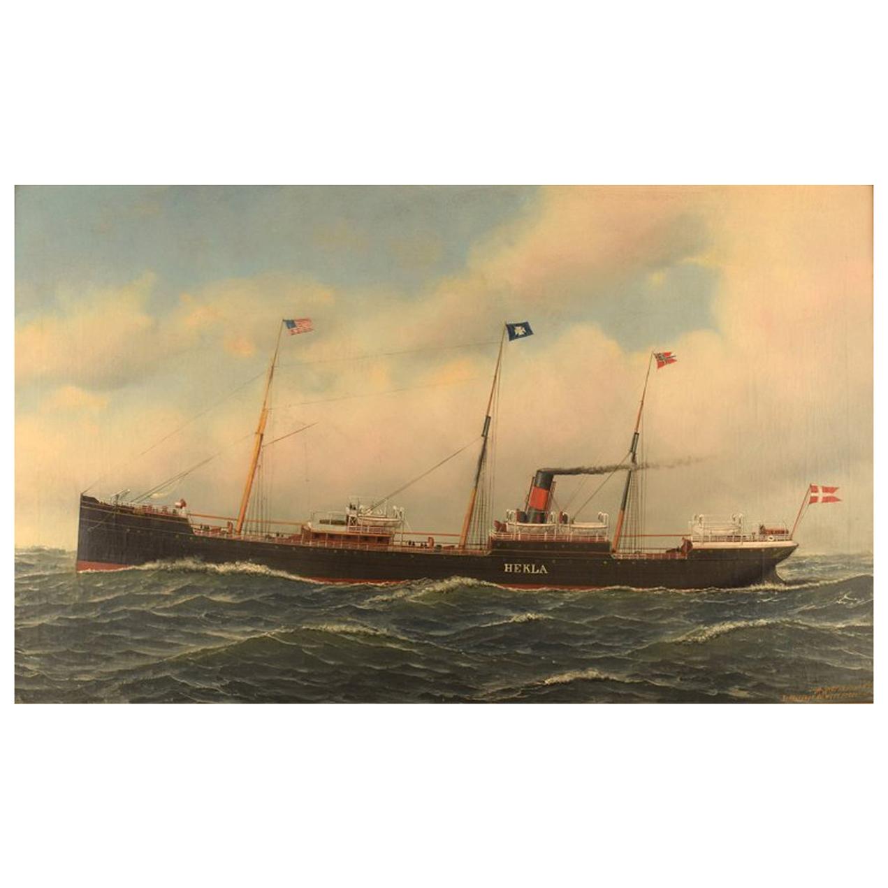 Antonio Jacobsen, The Steamer Hekla from Scandinavian American Line Oil/Canvas