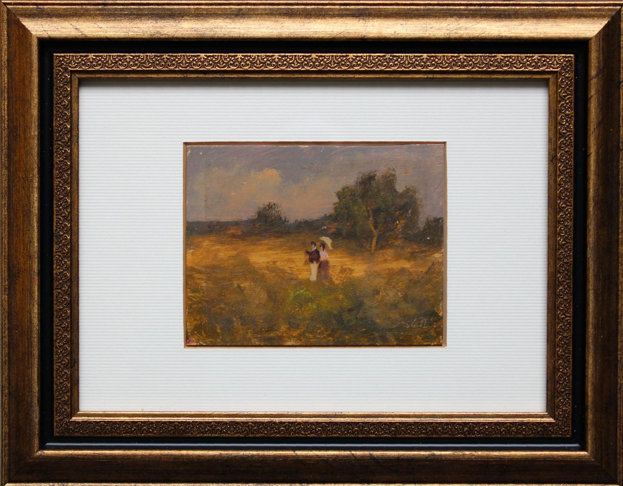 Ein Spaziergang. Pappe, Öl. 7,5x9,5 cm – Painting von Antonio Leto