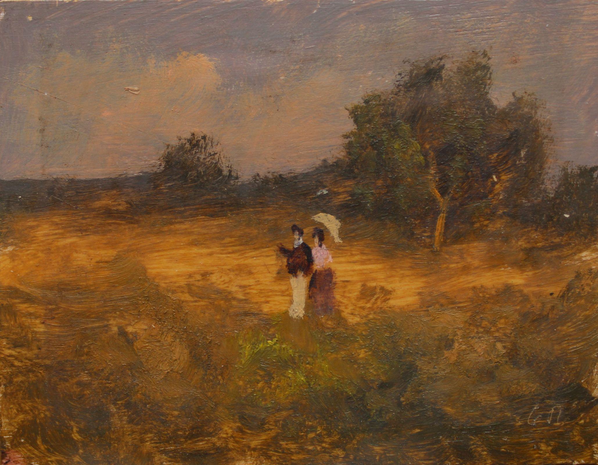 Antonio Leto Landscape Painting – Ein Spaziergang. Pappe, Öl. 7,5x9,5 cm