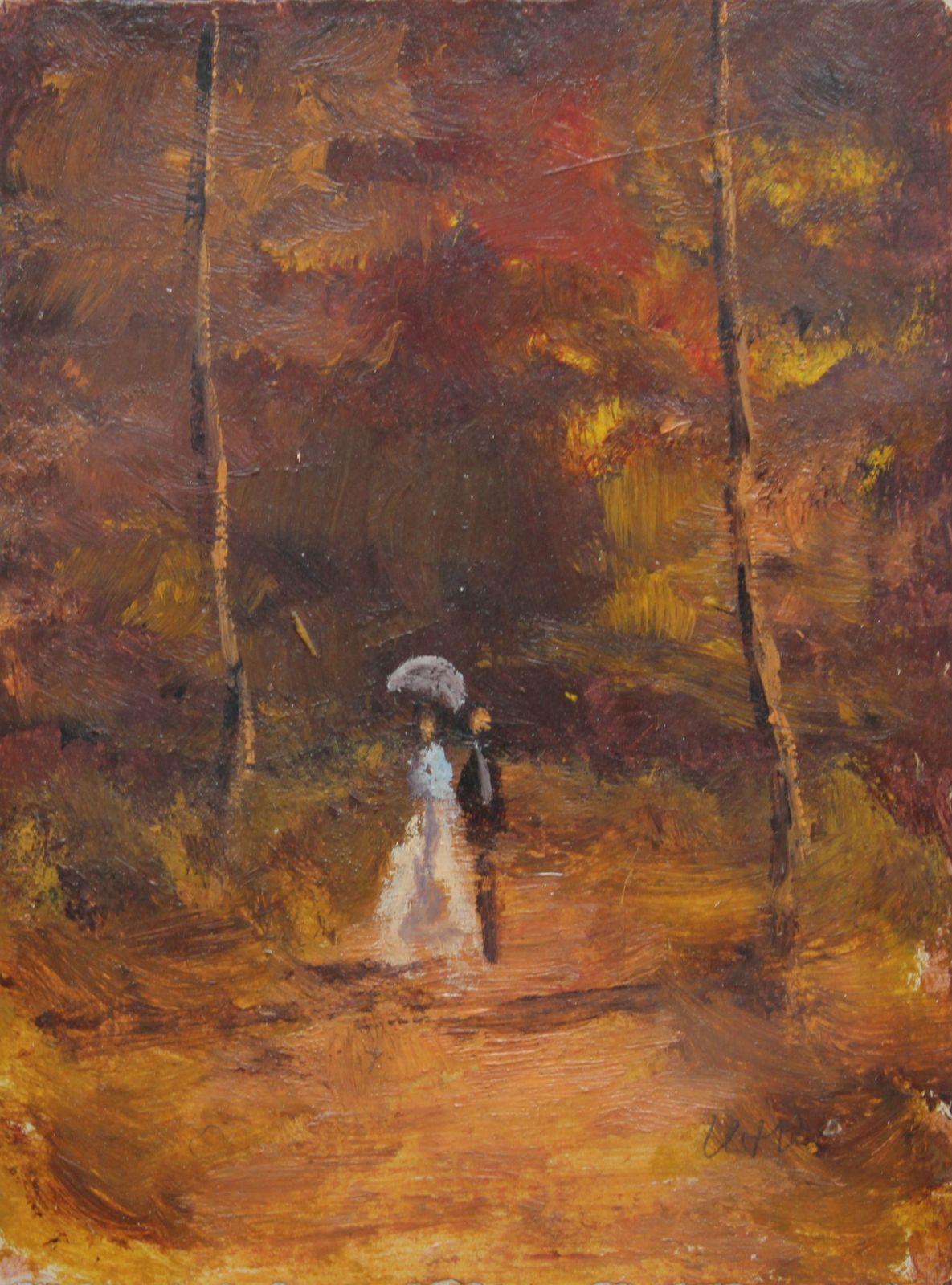 Antonio Leto Figurative Painting - A walk in the forest. Cardboard, oil. 8x6.2 cm