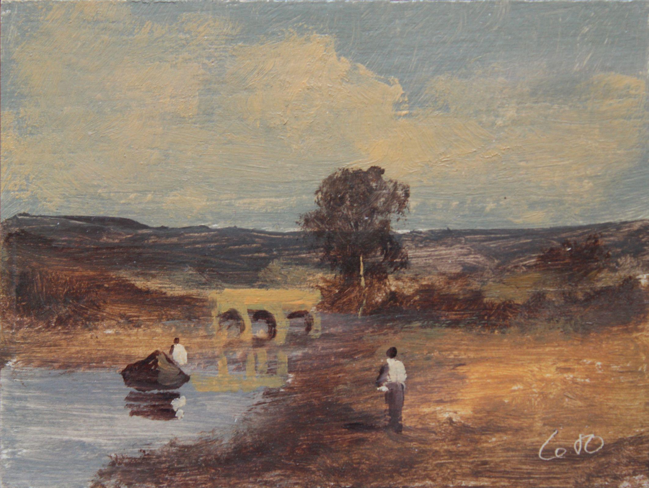 Antonio Leto Landscape Painting - At the bridge. Cardboard, oil. 6.2x8 cm