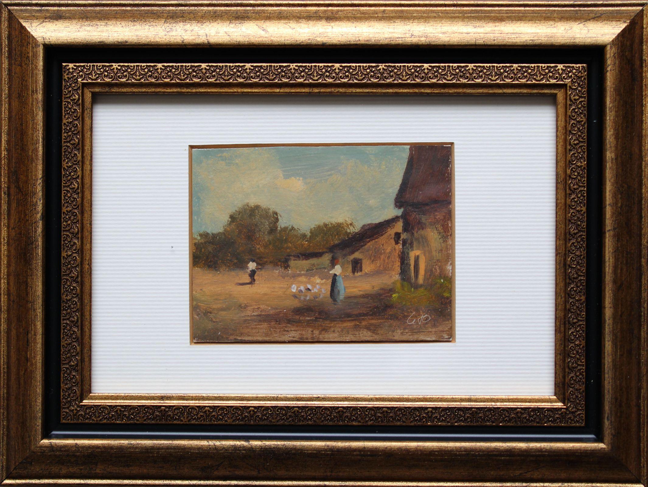 In the yard. Cardboard, oil. 6.2x8 cm - Painting by Antonio Leto