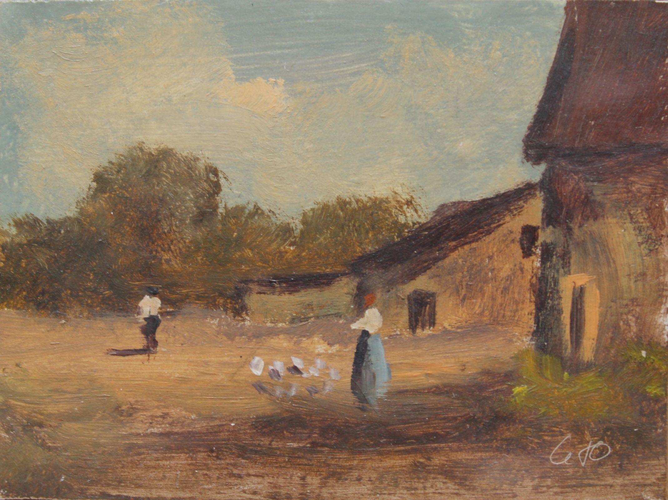 Antonio Leto Figurative Painting - In the yard. Cardboard, oil. 6.2x8 cm