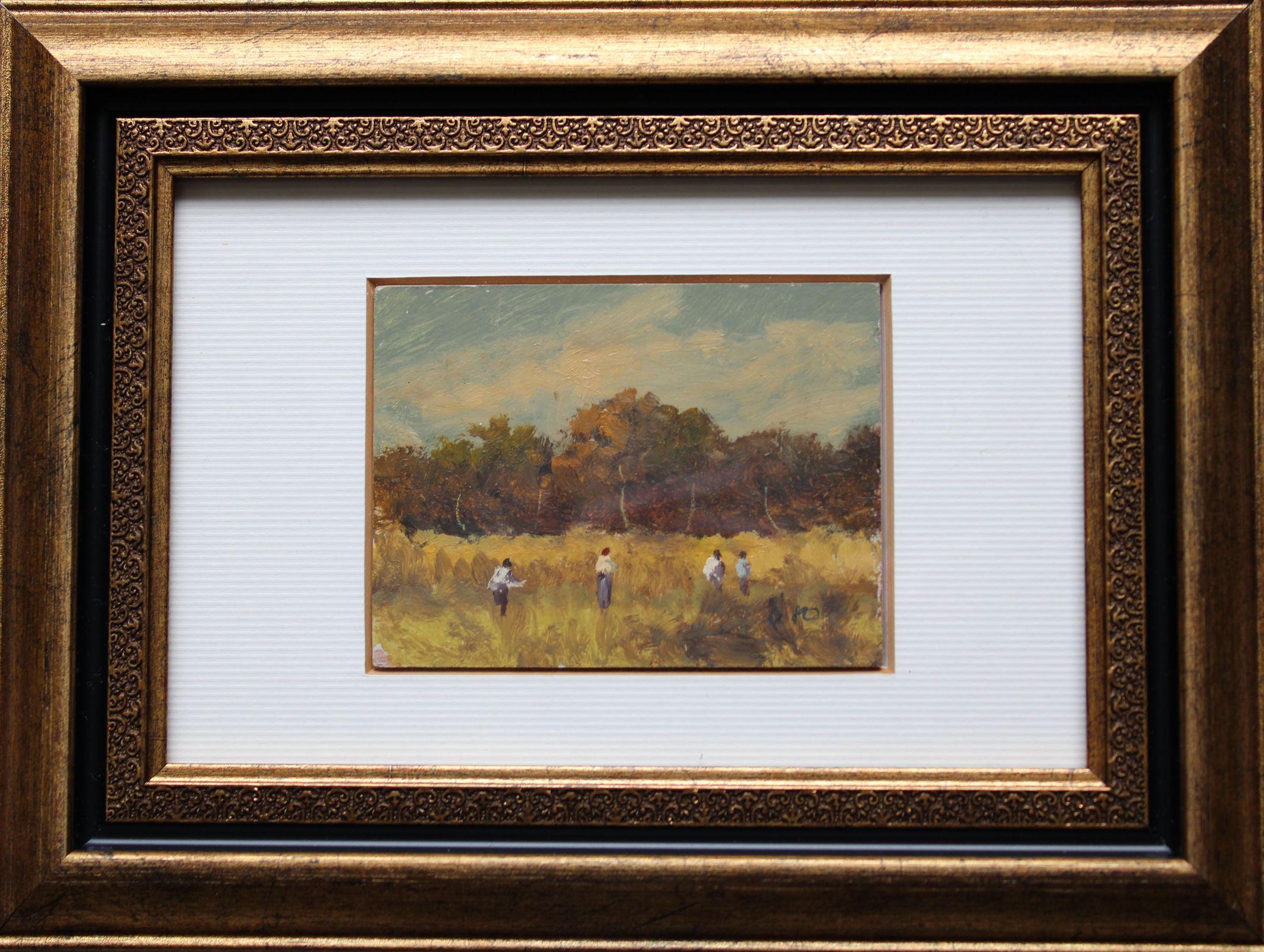 Meadow. Cardboard, oil. 6.2x8 cm - Painting by Antonio Leto