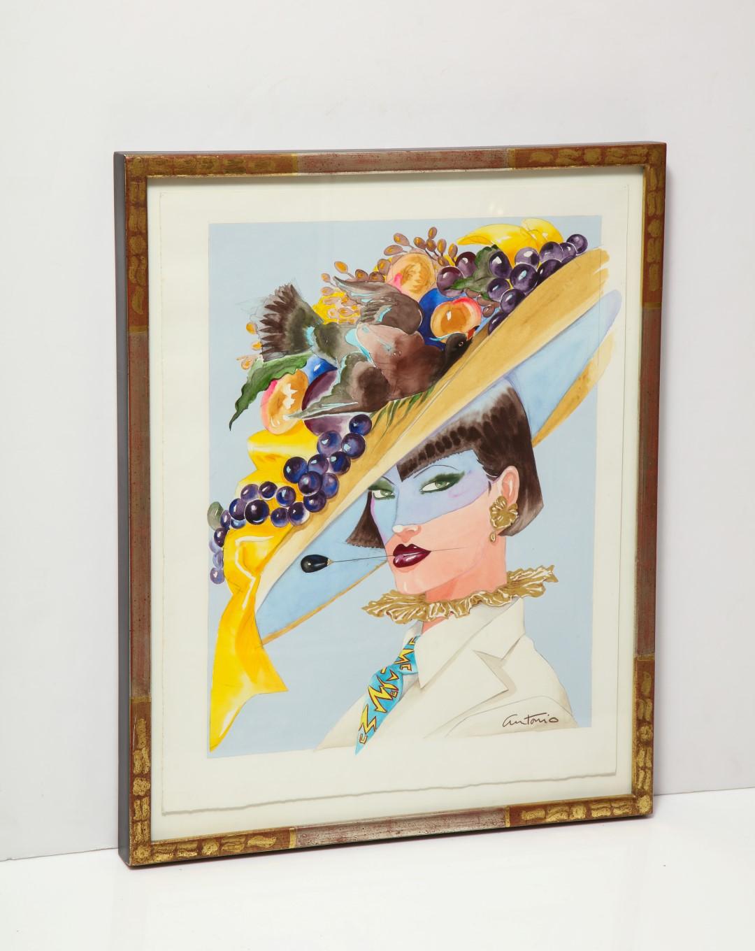 A framed original artwork for Italian Vogue. Gouache on paper by designer and illustrator Antonio Lopez.