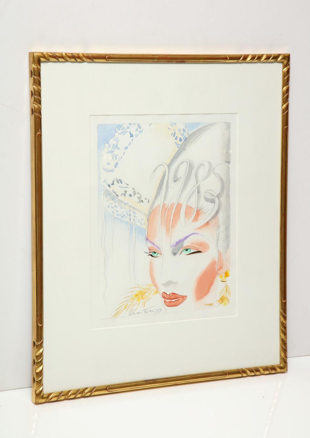 A framed gouache on paper showcasing model Jerry Hall, by Antonio Lopez. The work is the original artwork for Anna Piaggi's Italian fashion magazine 