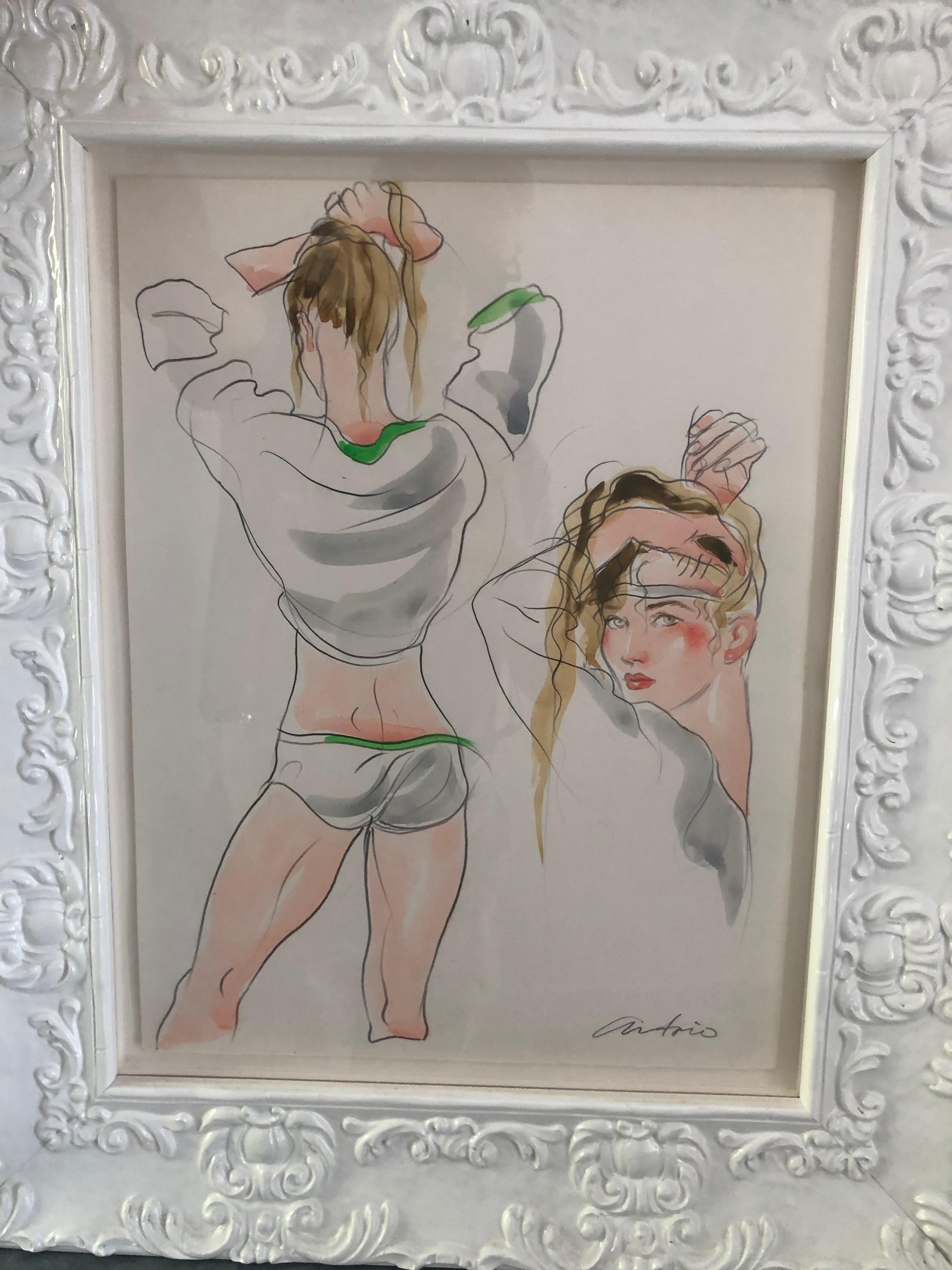 Gray Antonio Lopez Original Framed Watercolor of an Underwear Fashion Illustration