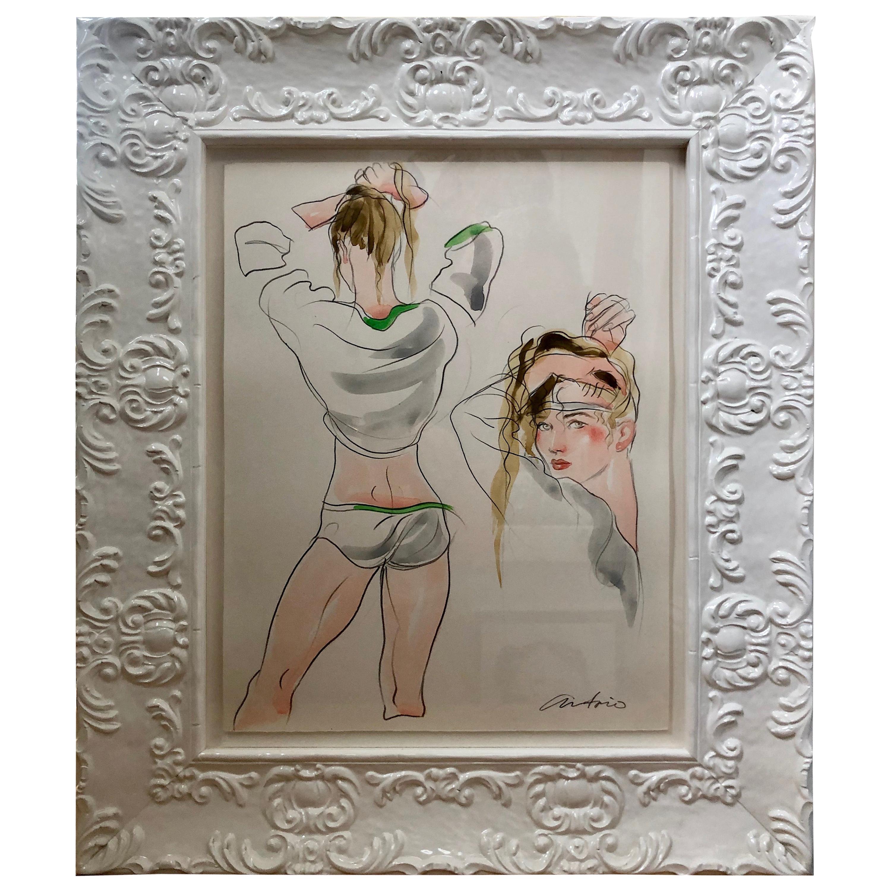 Antonio Lopez Original Framed Watercolor of an Underwear Fashion Illustration