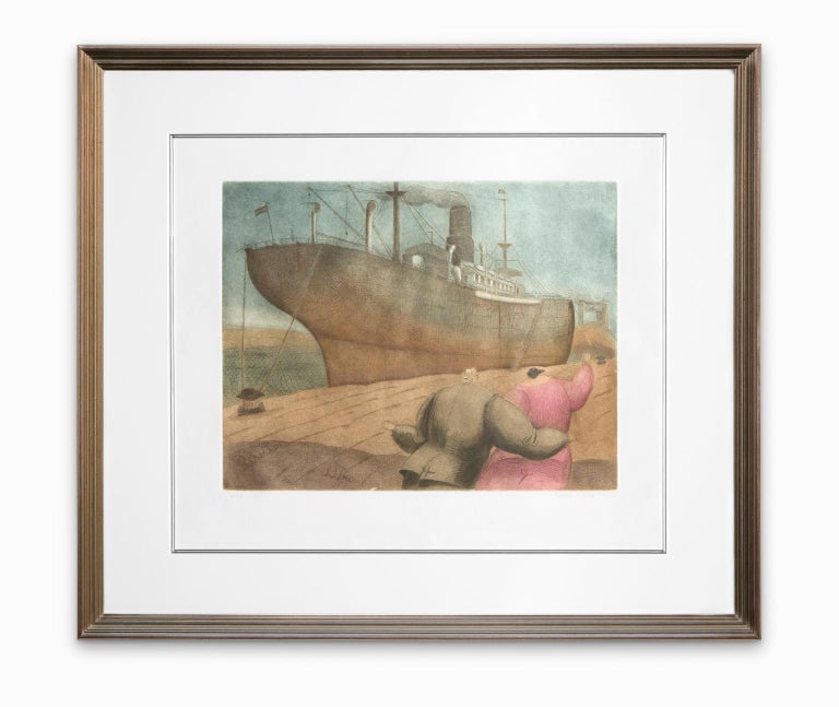 Antonio Lopez Saenz Figurative Print - "Pareja" (Partner), Two Figures with Two Ships, Color, Aquatint
