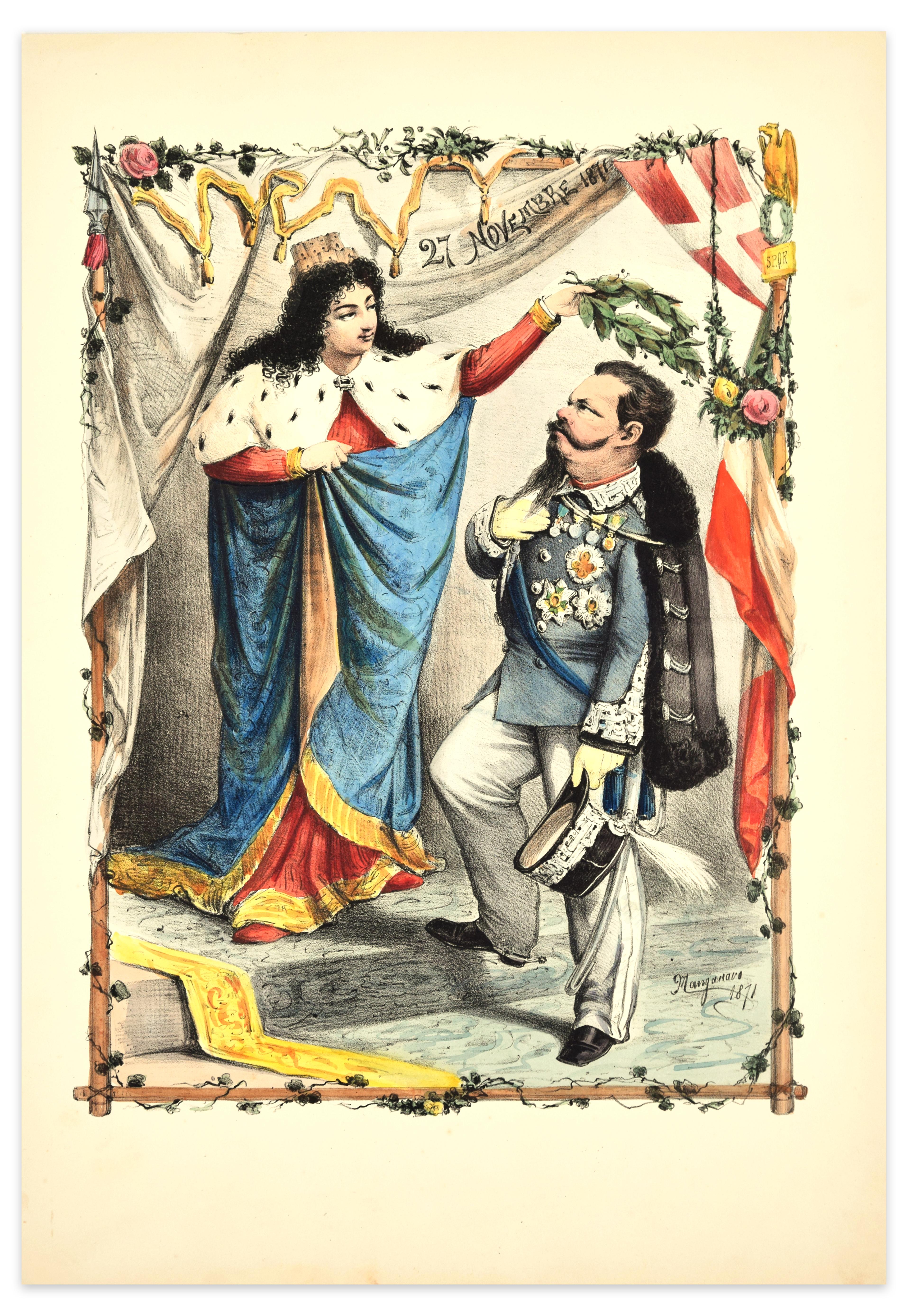 Antonio Manganaro Figurative Print – Coronation of Vittorio Emanuele II – Lithographie von A. Maganaro – 1872