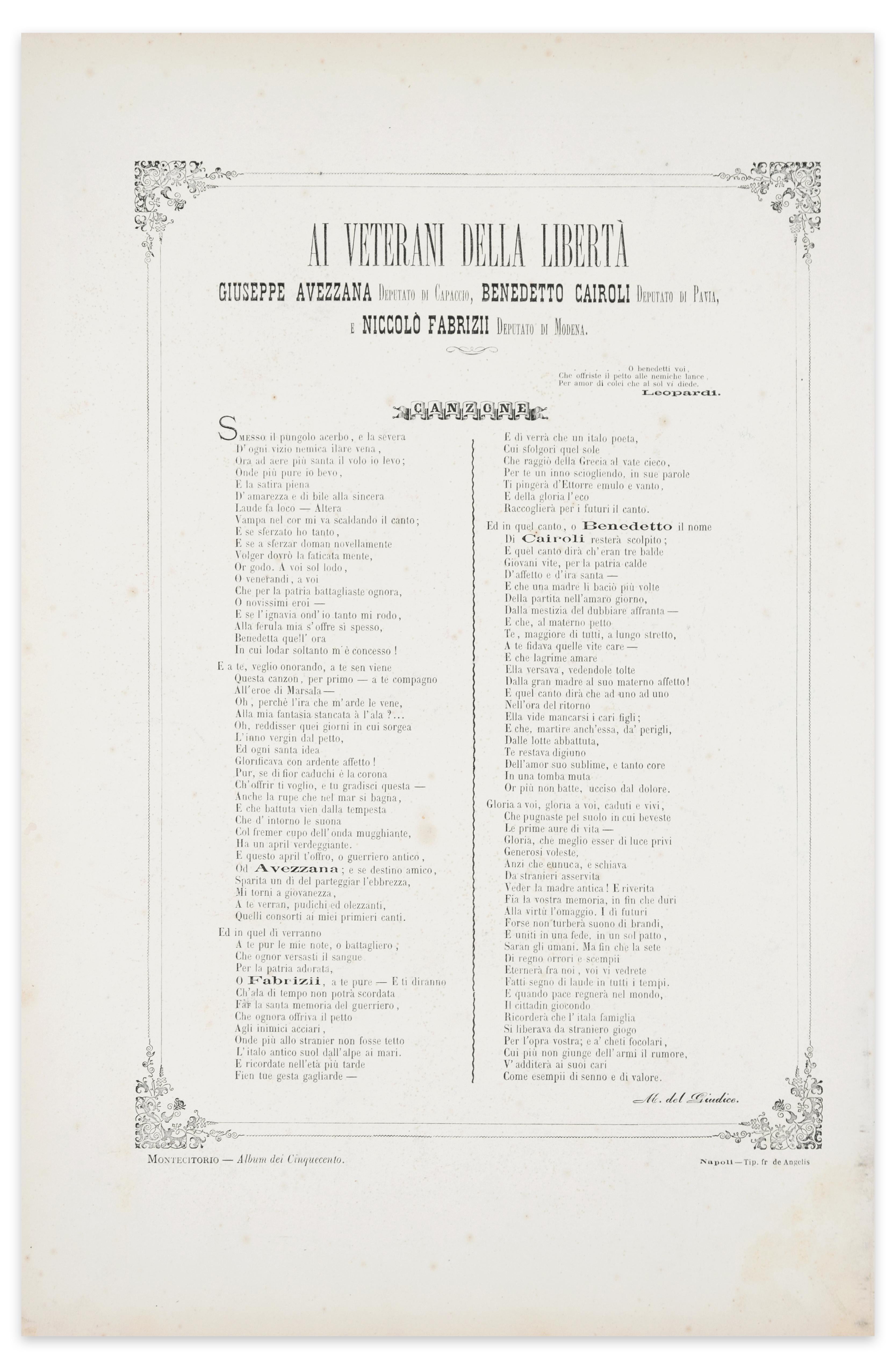 The Veterans of Freedom - Lithograph by A. Manganaro - 1872 - Print by Antonio Manganaro