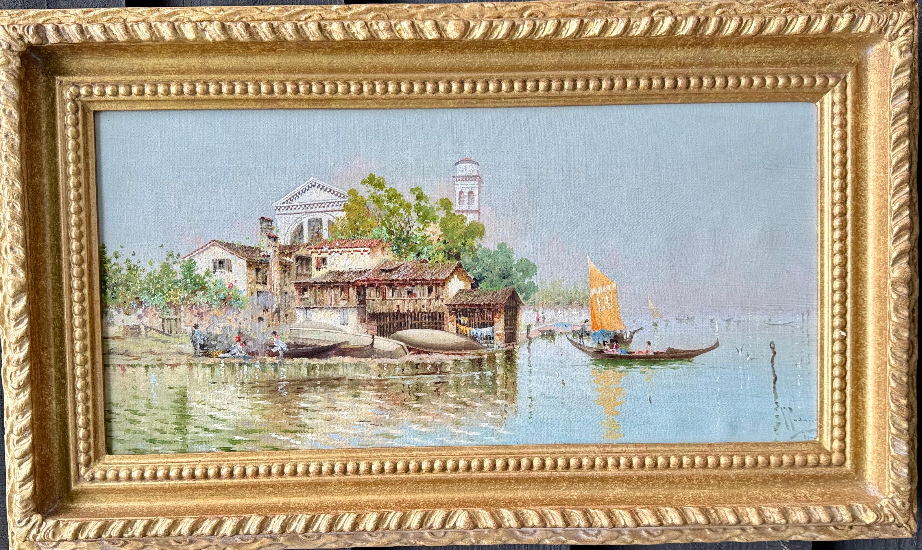 Coppia di vedute di Venezia del XX secolo, vicino a San Marco e allo Squero di San Trovaso - Painting di Antonio María de la Concepción Reyna Manescau
