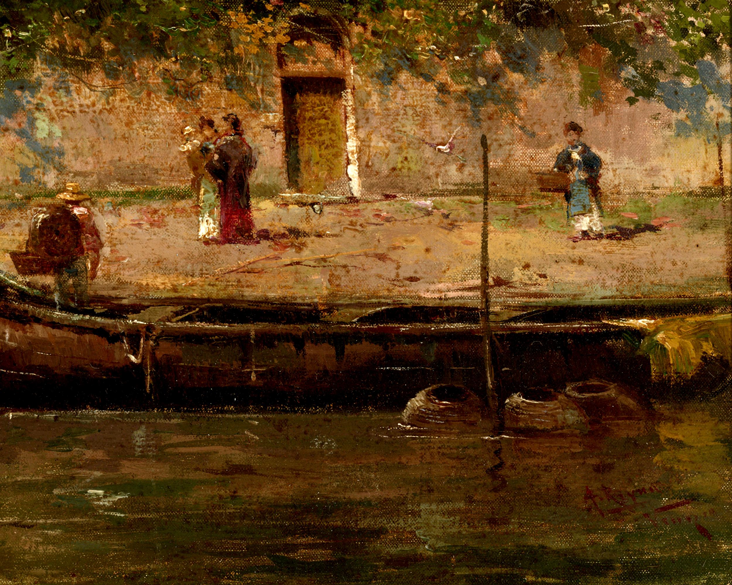 Canal Scene, Venice - Black Landscape Painting by Antonio Maria de Reyna Manescau