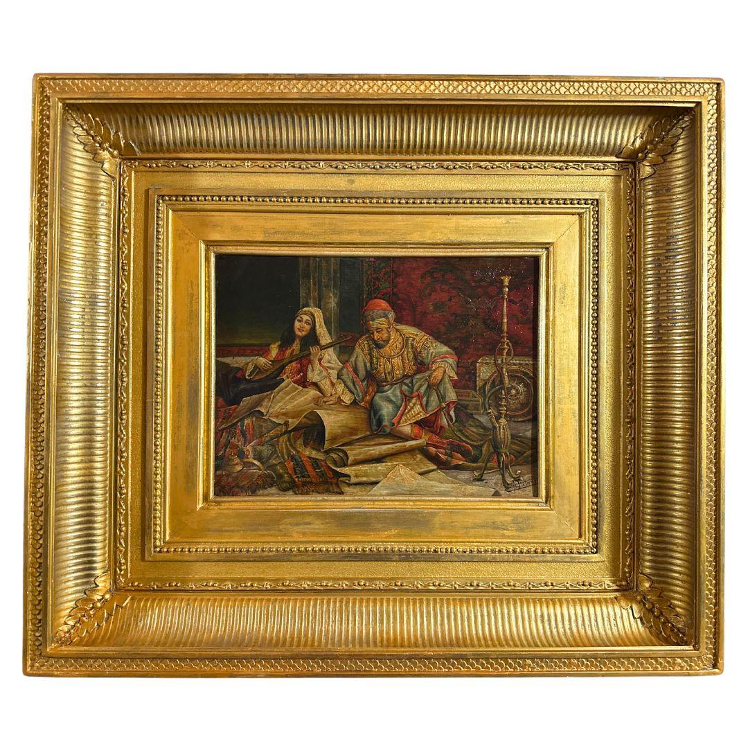 "La musique dans le palais" Peinture à l'huile orientaliste du 19e siècle sur cuivre, signée  