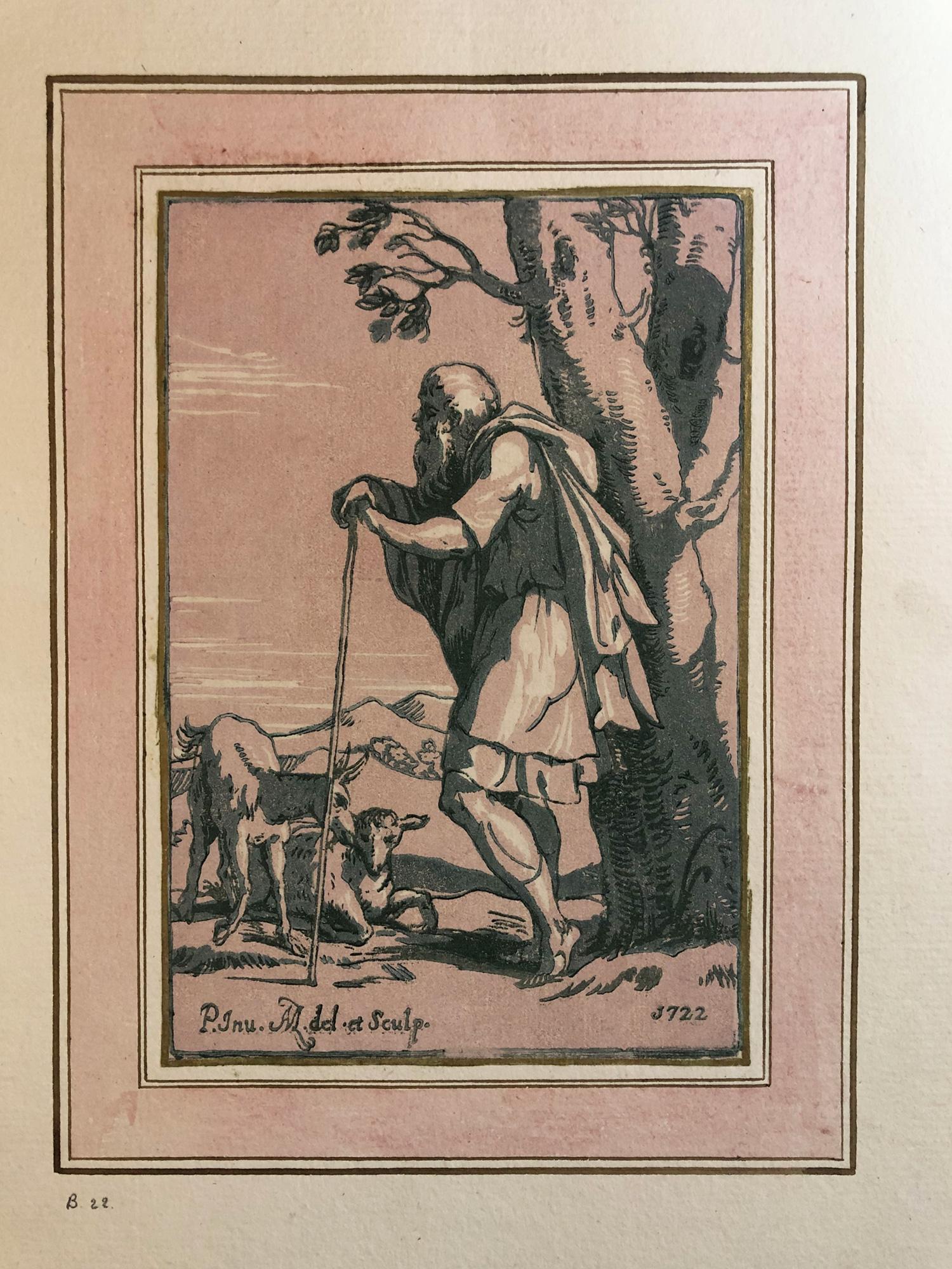 Der ältere Hirte lehnt sich an einen Stab (nach Parmigianino) – Print von Antonio Maria Zanetti the Elder