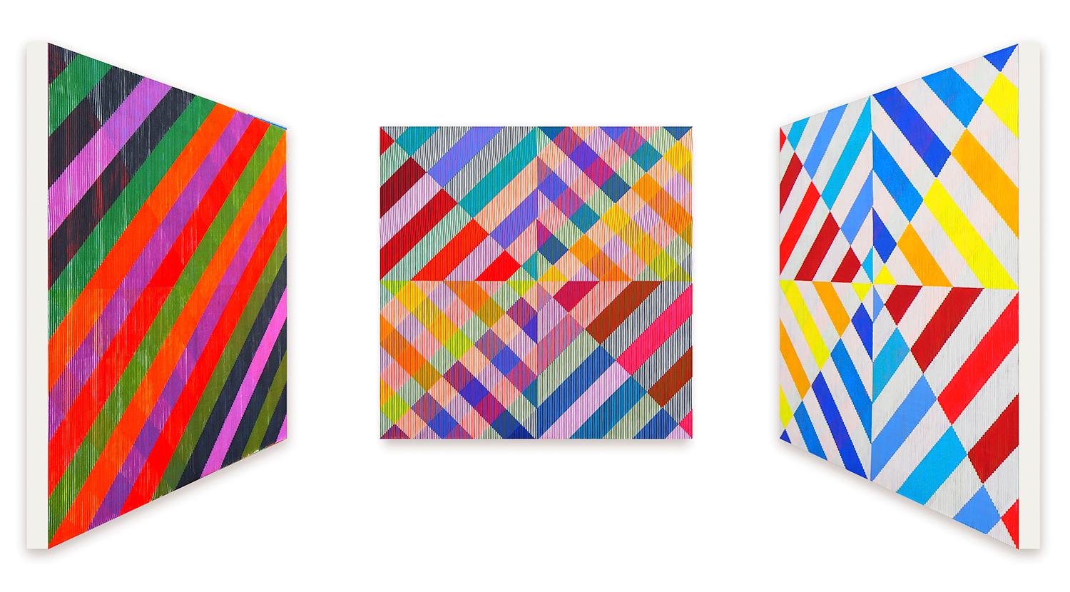 Multi-colour, op art.  Three artworks in one painting, where the artworks changes when you walk from left to right. One side are linear forms; the other is multi-colour geometrics. 
Antonio Marra’s 3D paintings are simultaneously familiar and