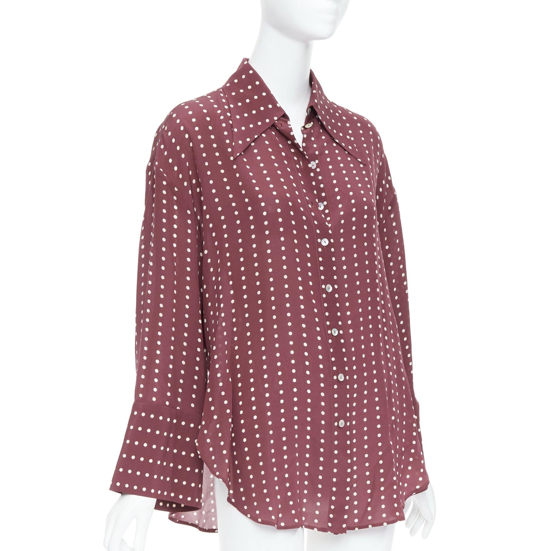 Brown ANTONIO MARRAS 100% silk burgundy polka dot curved hem shirt M For Sale