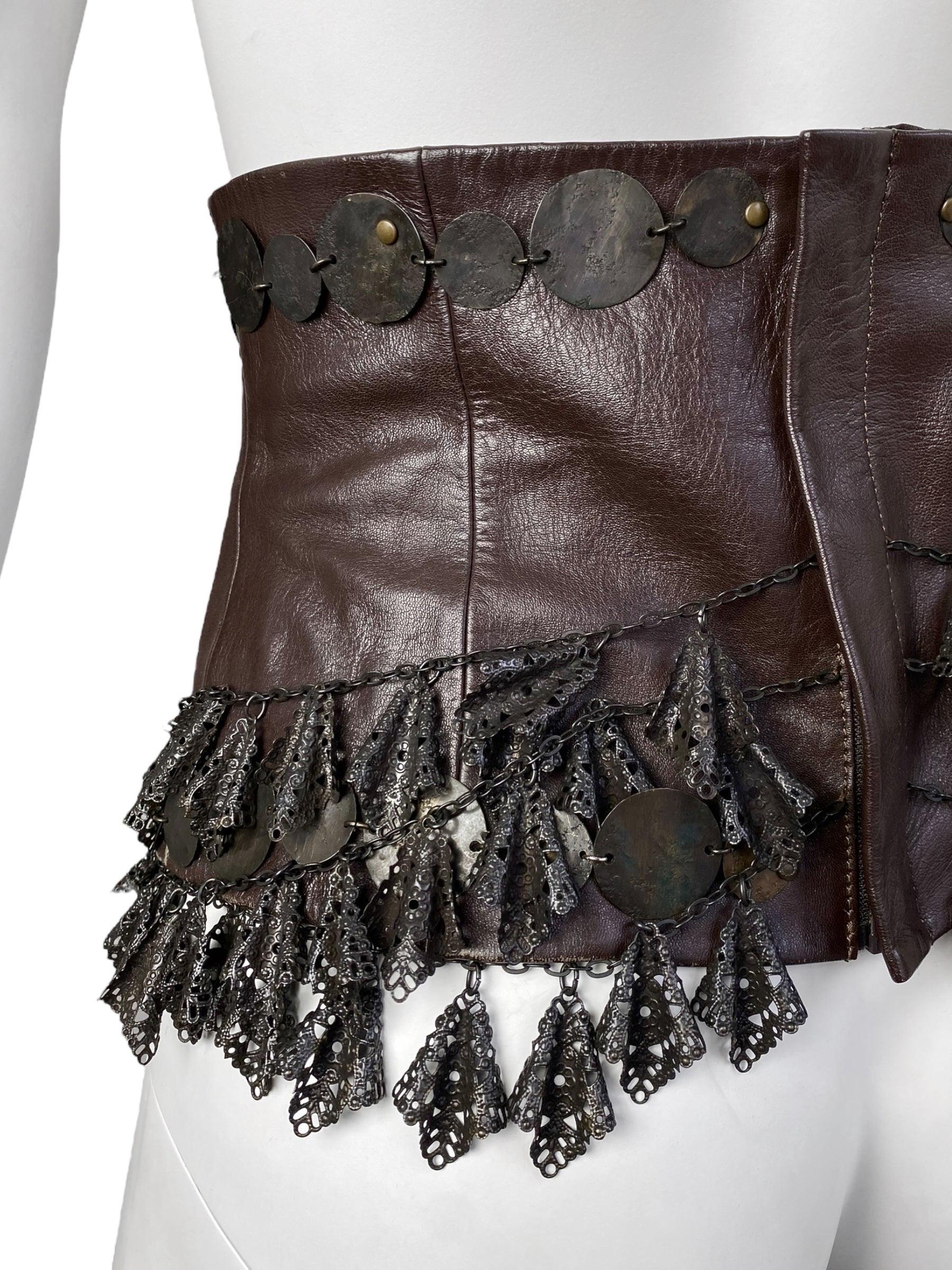ANTONIO MARRAS Fw2002 BROWN LEATHER & METAL EMBELLISHED ARTISANAL CORSET For Sale 6