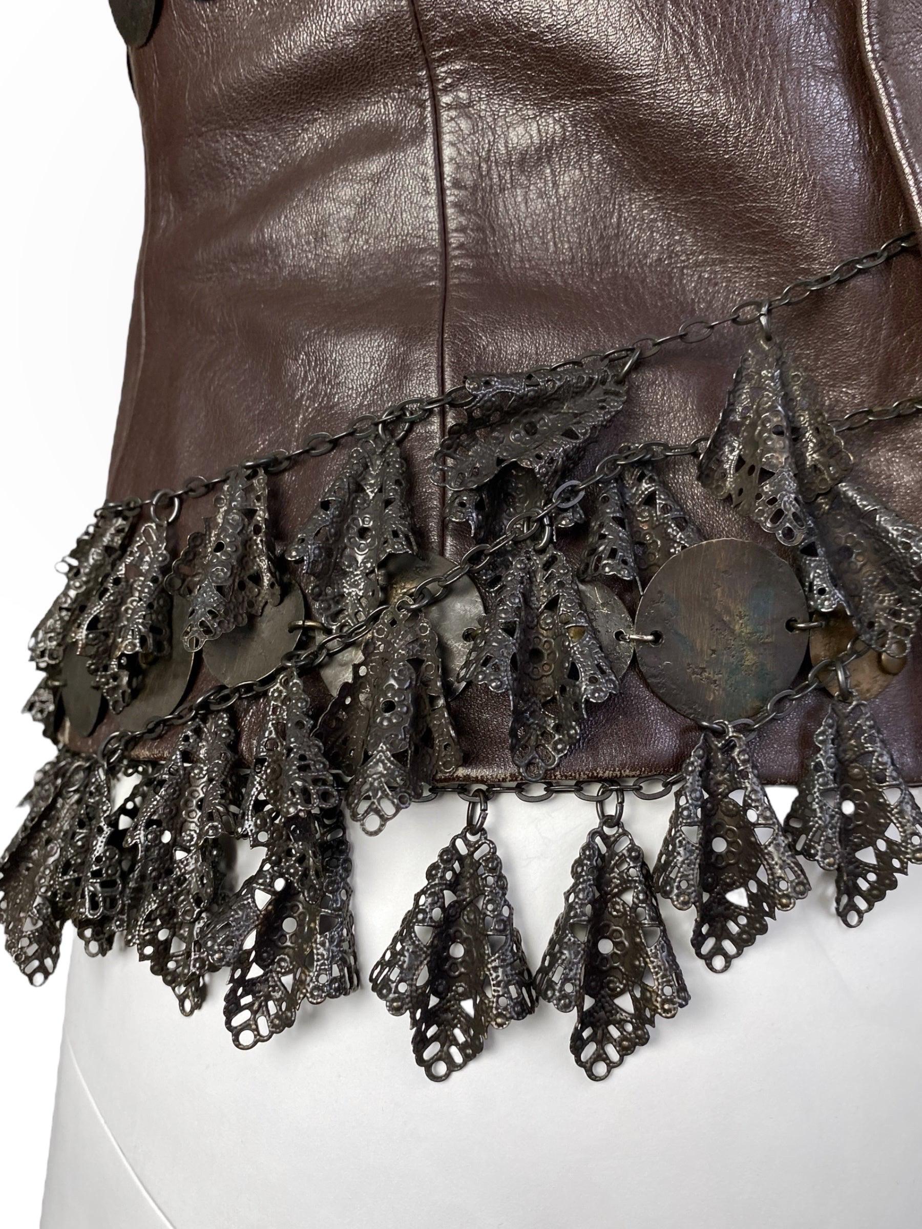 ANTONIO MARRAS Fw2002 BROWN LEATHER & METAL EMBELLISHED ARTISANAL CORSET For Sale 7