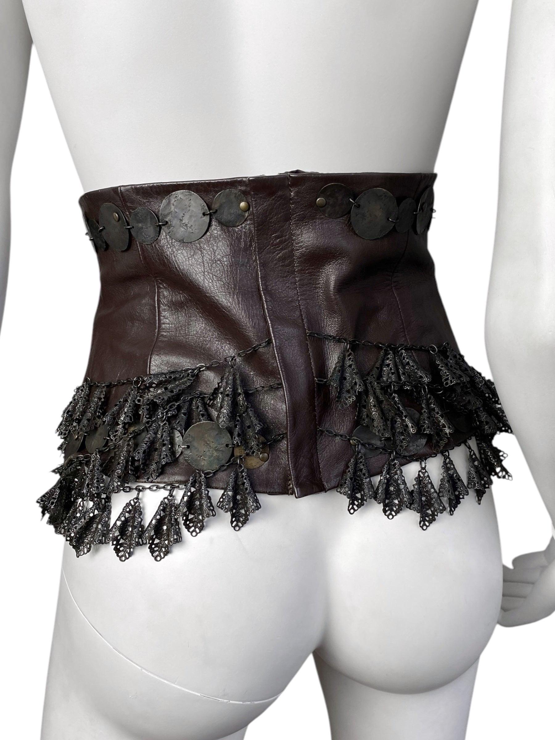 Black ANTONIO MARRAS Fw2002 BROWN LEATHER & METAL EMBELLISHED ARTISANAL CORSET For Sale