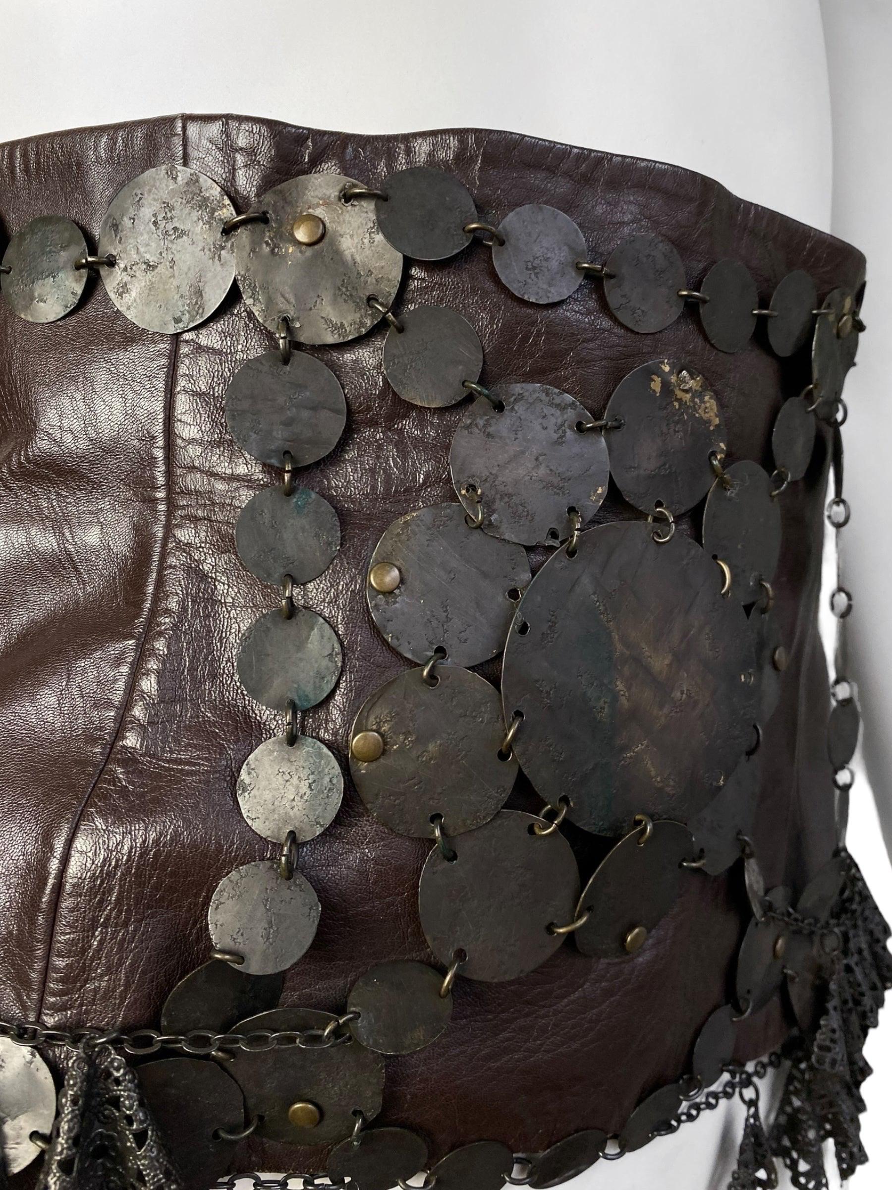 ANTONIO MARRAS Fw2002 BROWN LEATHER & METAL EMBELLISHED ARTISANAL CORSET For Sale 2