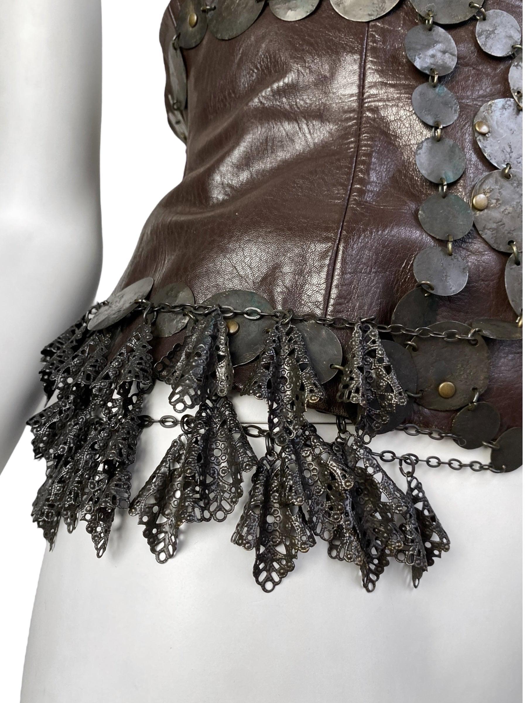 ANTONIO MARRAS Fw2002 BROWN LEATHER & METAL EMBELLISHED ARTISANAL CORSET For Sale 3