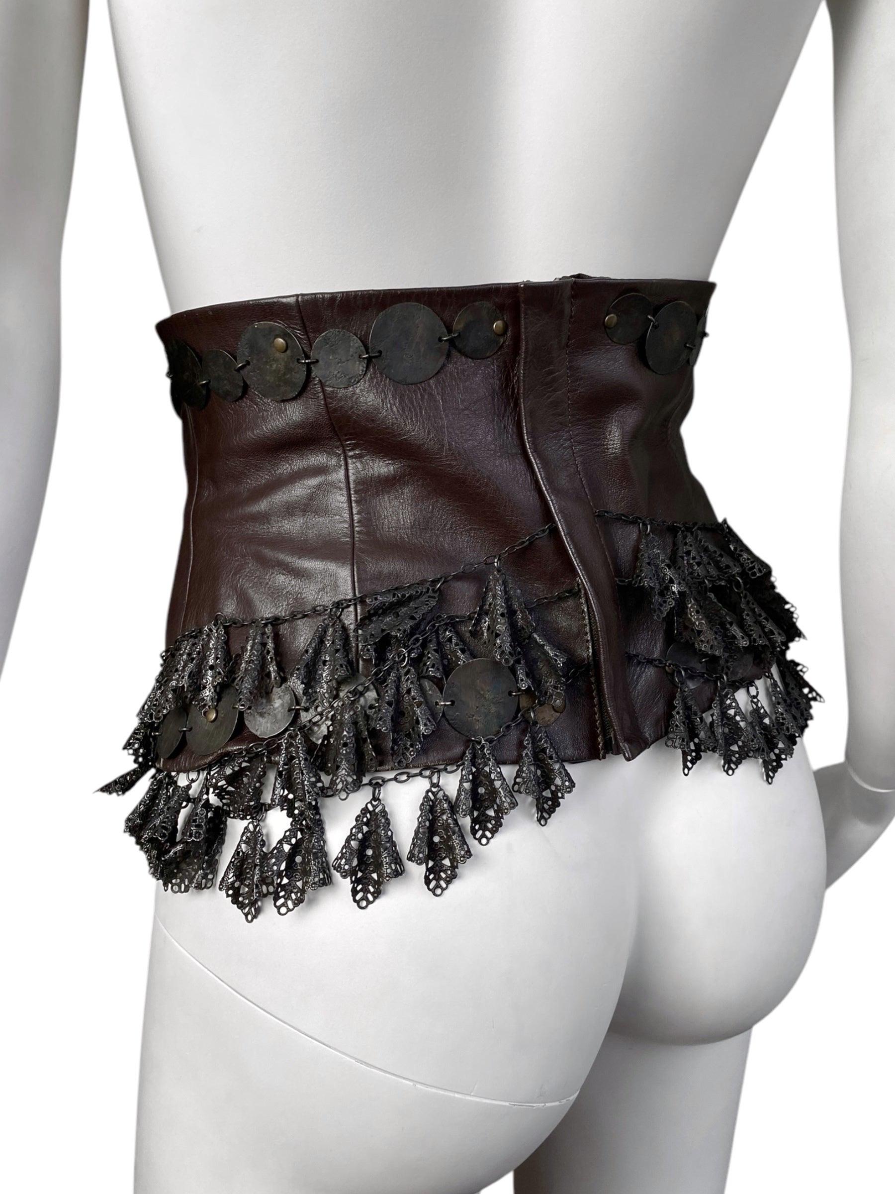 ANTONIO MARRAS Fw2002 BROWN LEATHER & METAL EMBELLISHED ARTISANAL CORSET For Sale 4