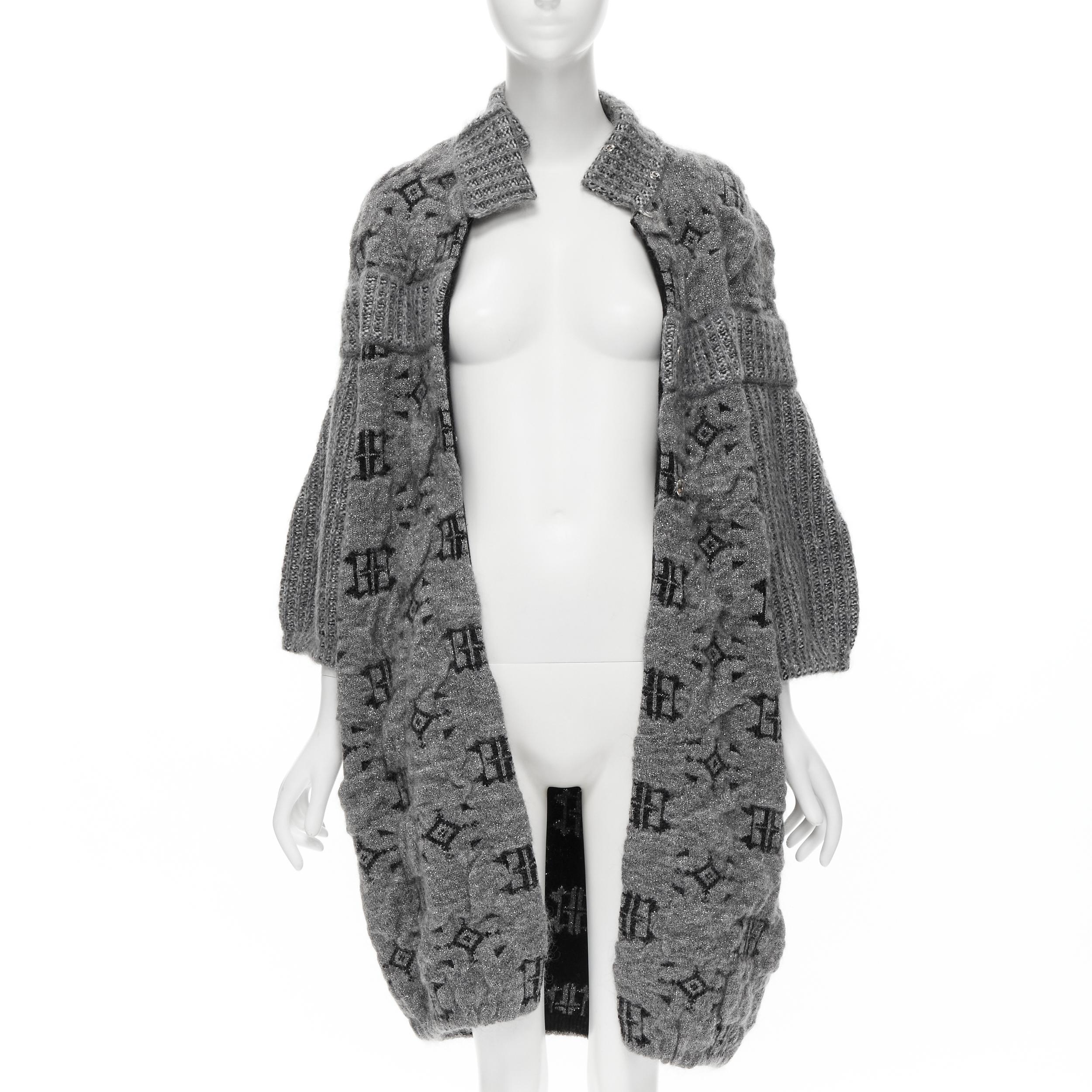 Gray ANTONIO MARRAS grey lurex mohair wool jacquard waffle knit cardigan coat XS