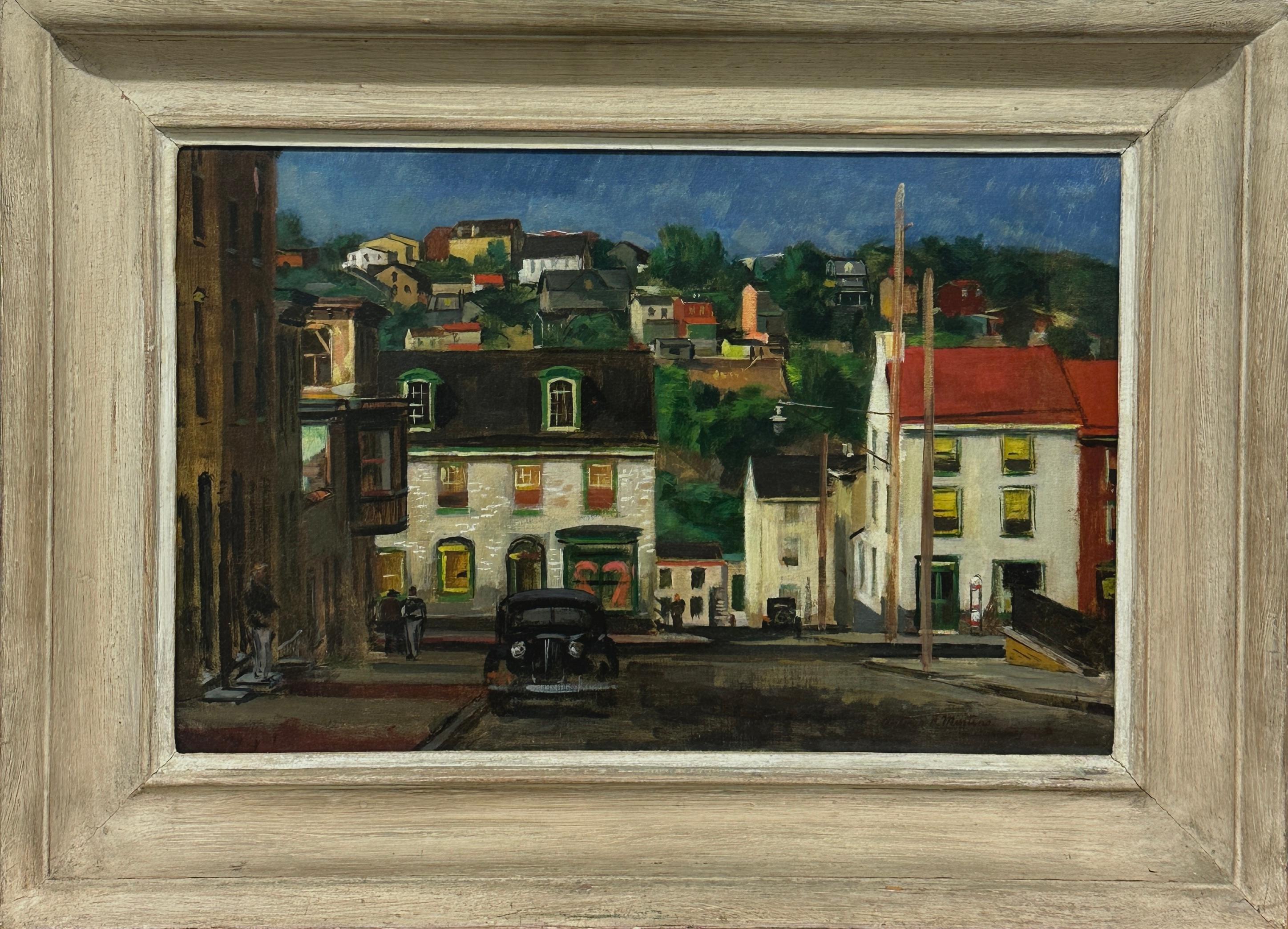Downtown Philadelphia scene (Manayunk) with antique car by Pennsylvania master  - Painting by Antonio Martino