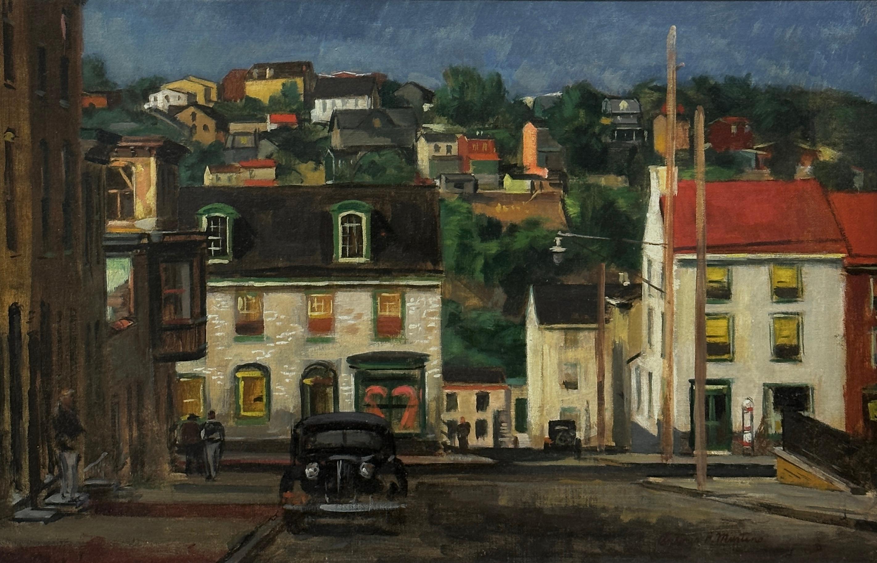 Antonio Martino Landscape Painting - Downtown Philadelphia scene (Manayunk) with antique car by Pennsylvania master 