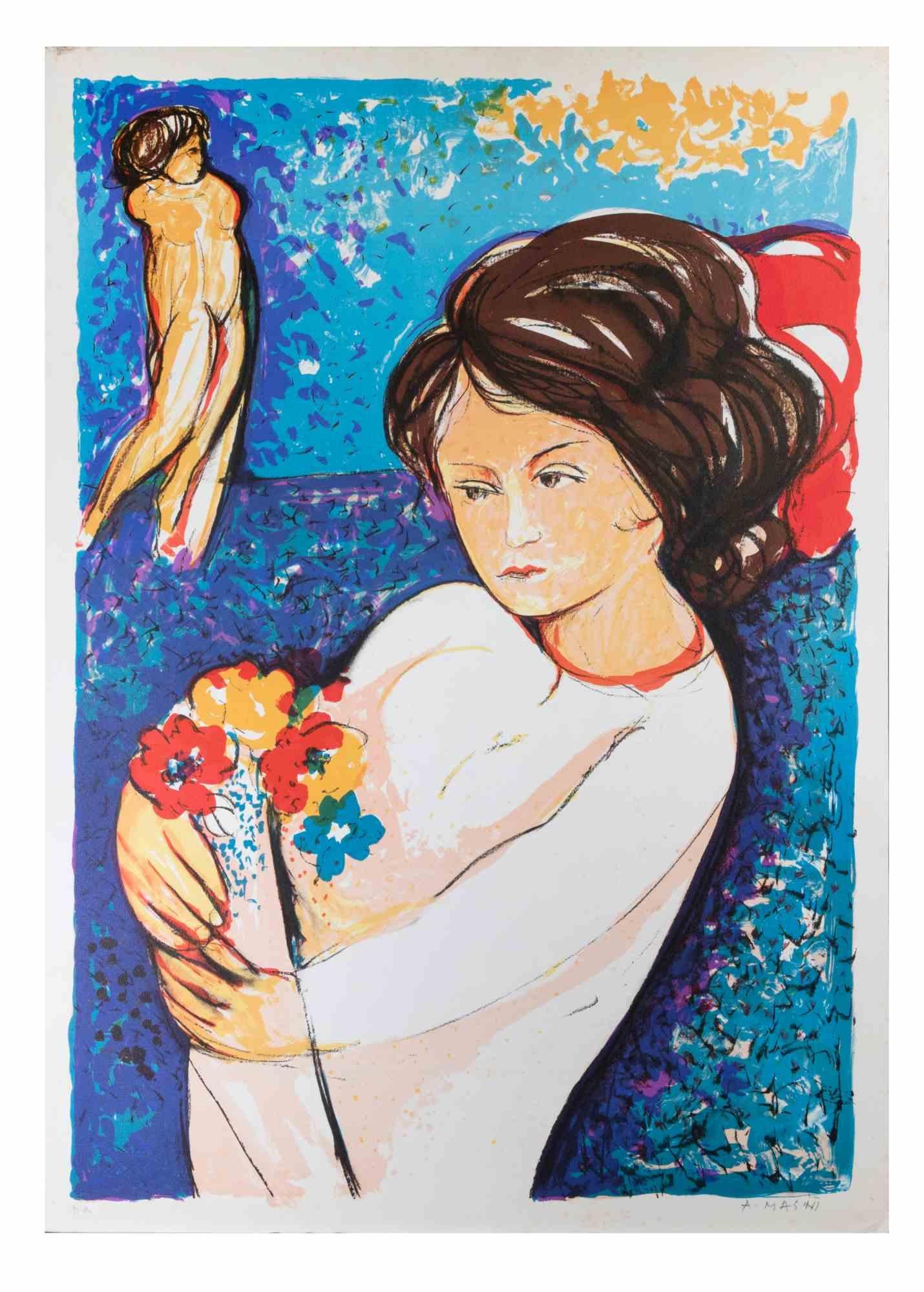 Girl est une lithographie réalisée par Antonio Masini dans les années 1970.

Signé à la main au crayon en bas à droite. Preuve d'artiste.

Bonnes conditions.

Une scène colorée et rêveuse avec une fille et un bouquet de fleurs, sur fond de bleu