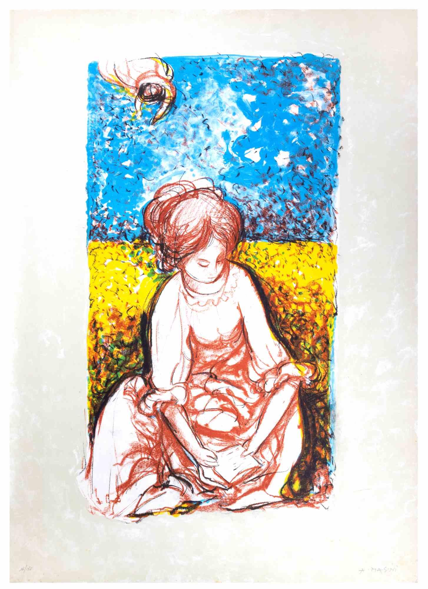 Reading Girl in Wheat Field is a lithograph print realized by Antonio Masini in the 1970s.

Hand-signed in pencil on the lower right. Numbered on the lower left, an edition of 150 prints.

Good conditions with slight foxing.

A colorful dreamy scene