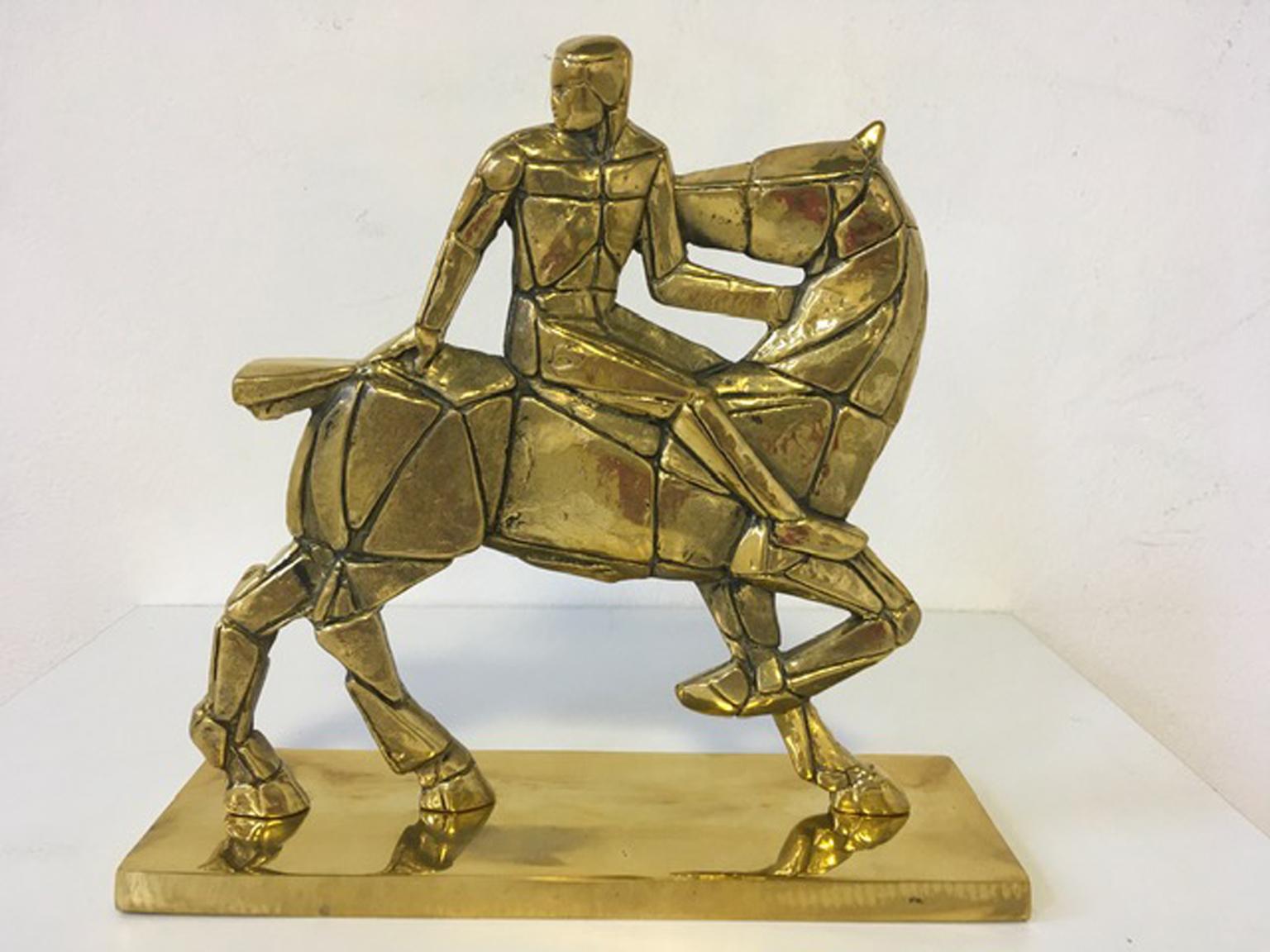 Italy 1980 Bronze Sculpture Cavallo e Cavaliere Mastrorocco Horse and Rider - Gold Abstract Sculpture by Antonio Mastrorocco
