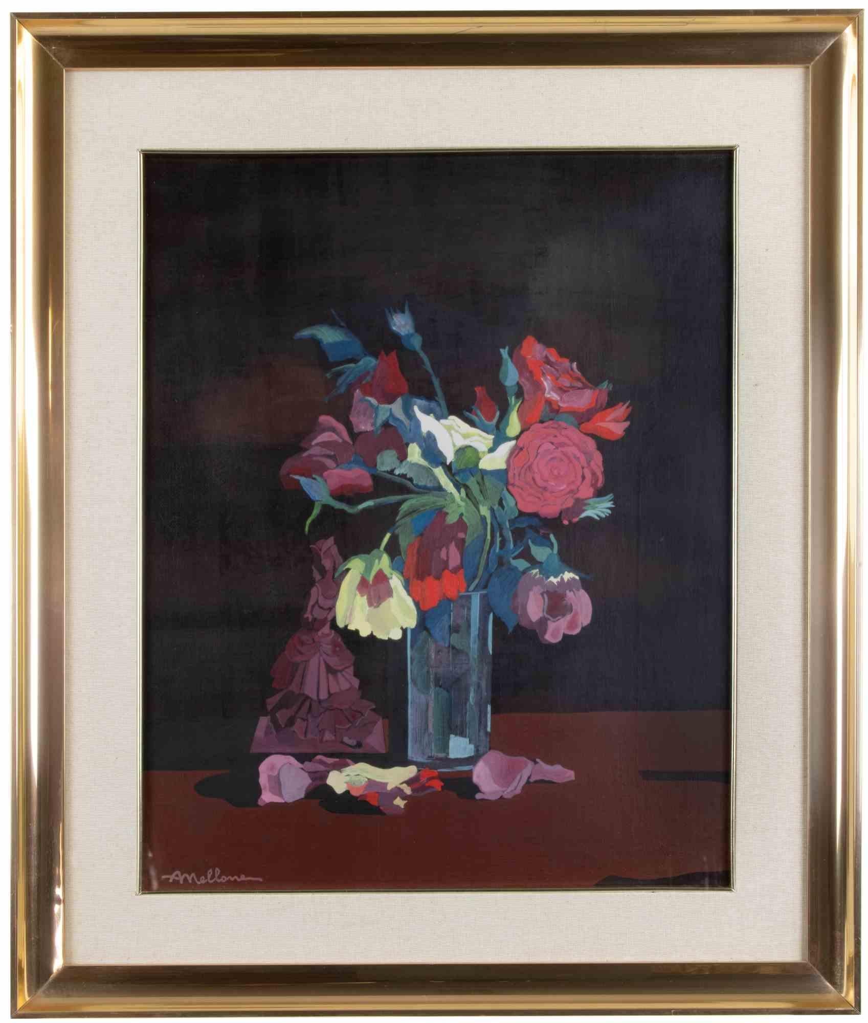 Stillleben mit Blumen – Ölgemälde von Antonio Mellone – 1980er Jahre