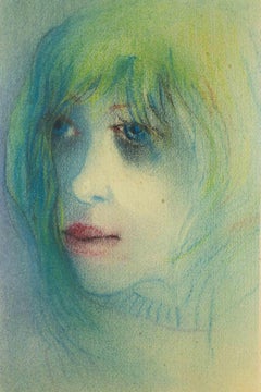 Disegno di una donna, pastello a olio moderno su carta, incorniciato, opera d'arte degli anni '70