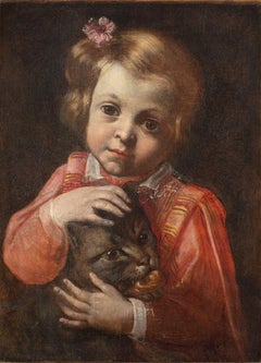 18th Century by Antonio Mercurio Amorosi Portrait Little Girl with Cat