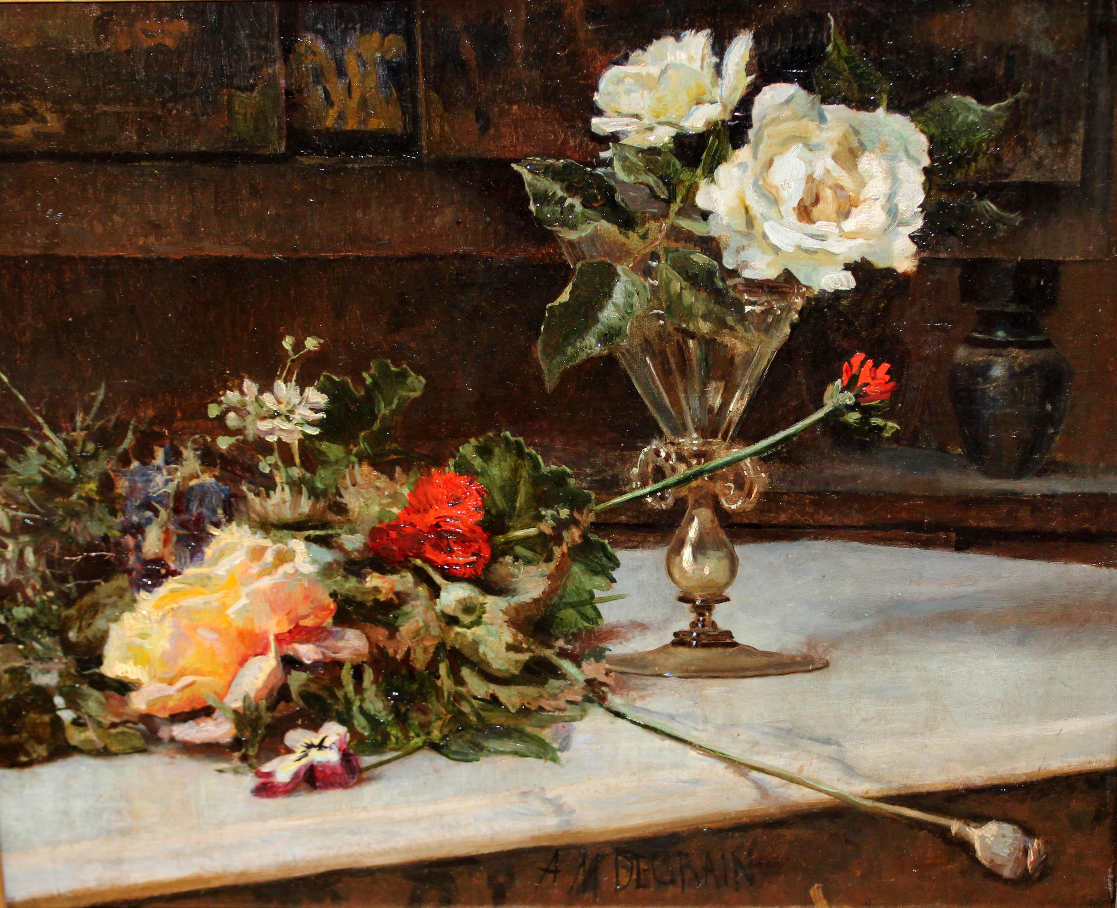 Antonio Muñoz Degrain Still-Life Painting – Blumige Komposition - Óleo sobre tela