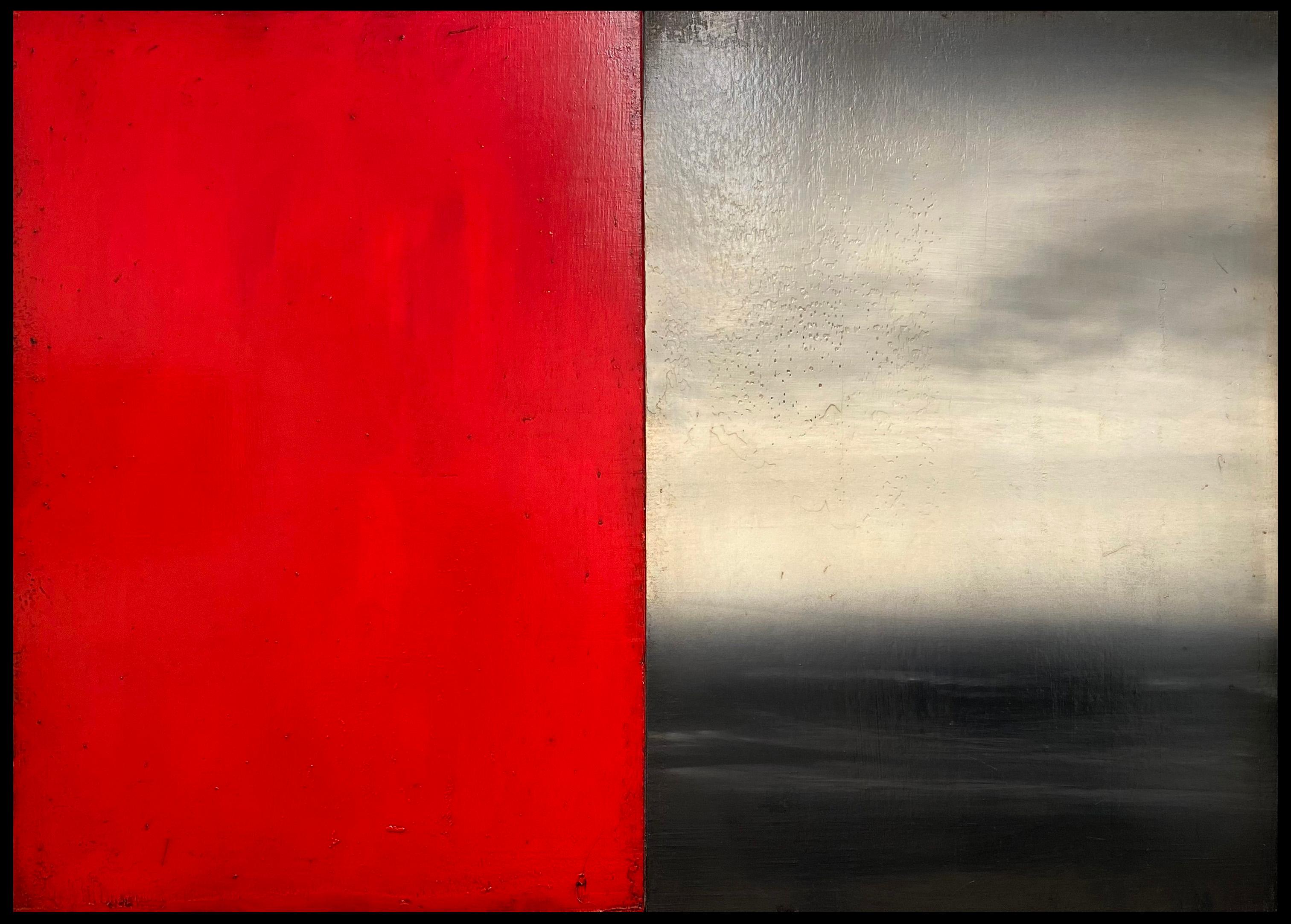Antonio Murado Abstract Painting - "Untitled (Diptych)" Minimalist Abstract Diptych Oil Painting in Red and Gray 