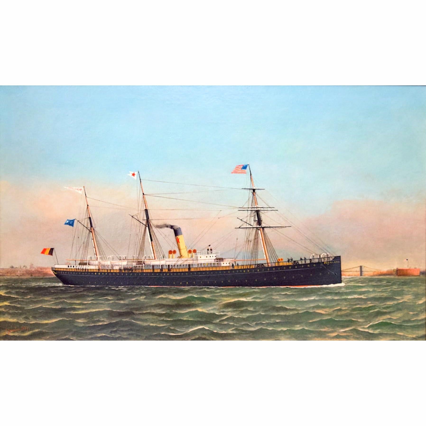 Porträt des Screw-Steamer Pennland im New Yorker Hafen (Braun), Landscape Painting, von Antonio Nicolo Gasparo Jacobsen