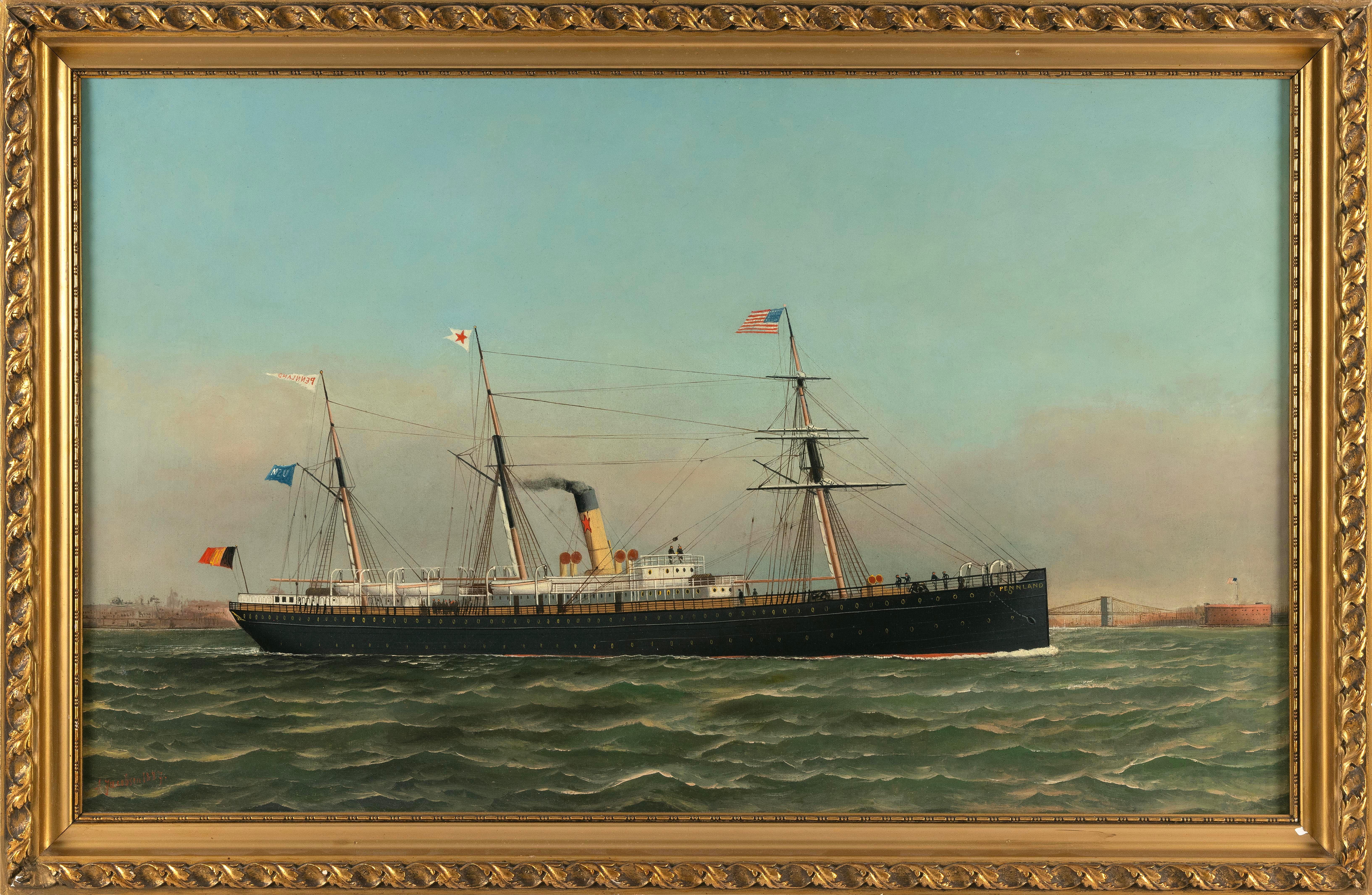 Antonio Nicolo Gasparo Jacobsen Landscape Painting - Portrait Of The Screw-Steamer Pennland In New York Harbor