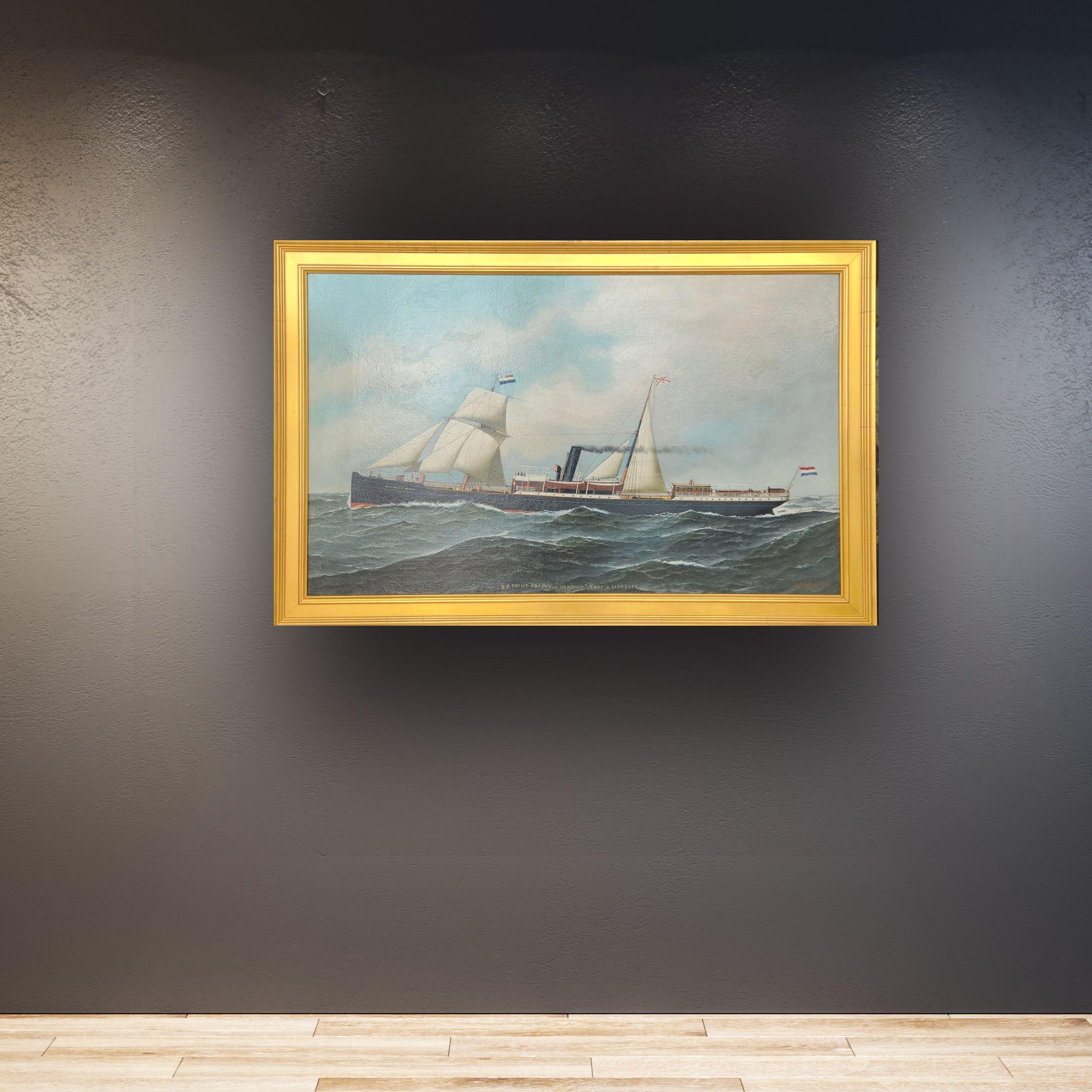 
Questo olio è un classico esempio del lavoro di Jacobsen del suo periodo migliore, realizzato molto prima del 1900. In questi oli l'acqua è realizzata con un grande senso di naturalismo, dovuto alle sue continue esperienze nei porti di New York e