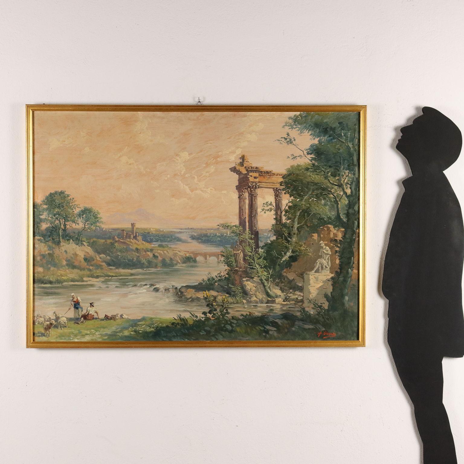 Paesaggio con Pastori e Rovine, 1900s - Painting by Antonio Oberto