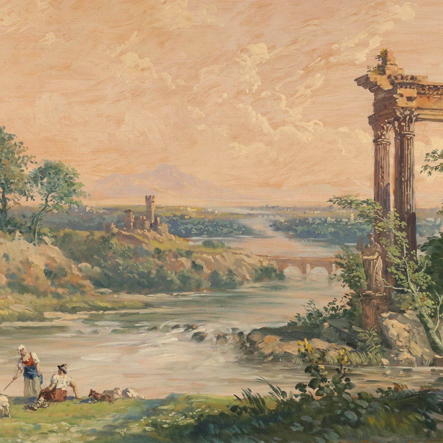 Antonio Oberto Landscape Painting - Paesaggio con Pastori e Rovine, 1900s