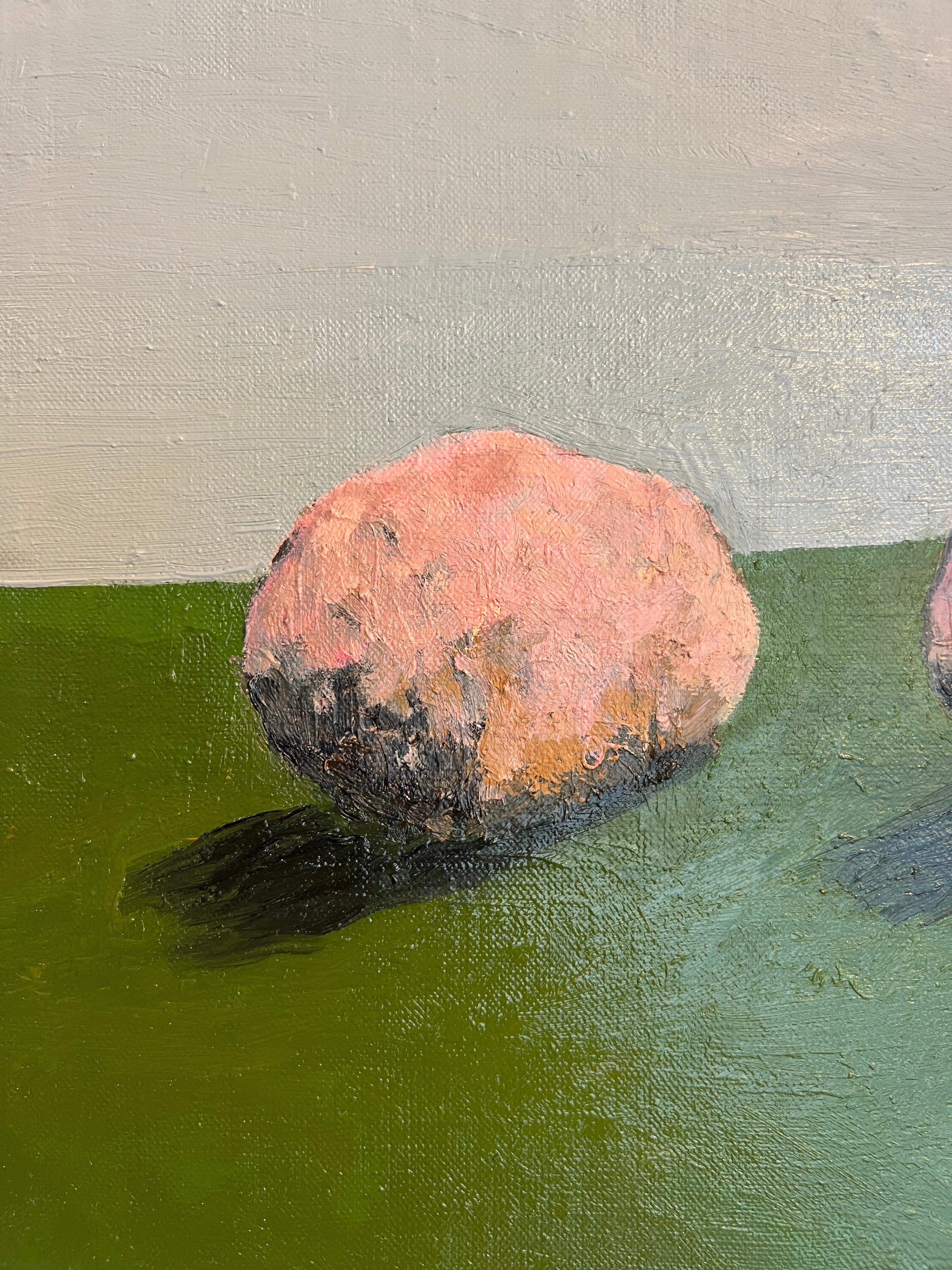 Le choix du rose pour les pierres est délibéré, soulignant qu'il ne s'agit pas d'une représentation naturaliste. Ortega commence ses peintures sur une base magenta - une couleur qui n'existe pas à l'état naturel et qui a été développée chimiquement