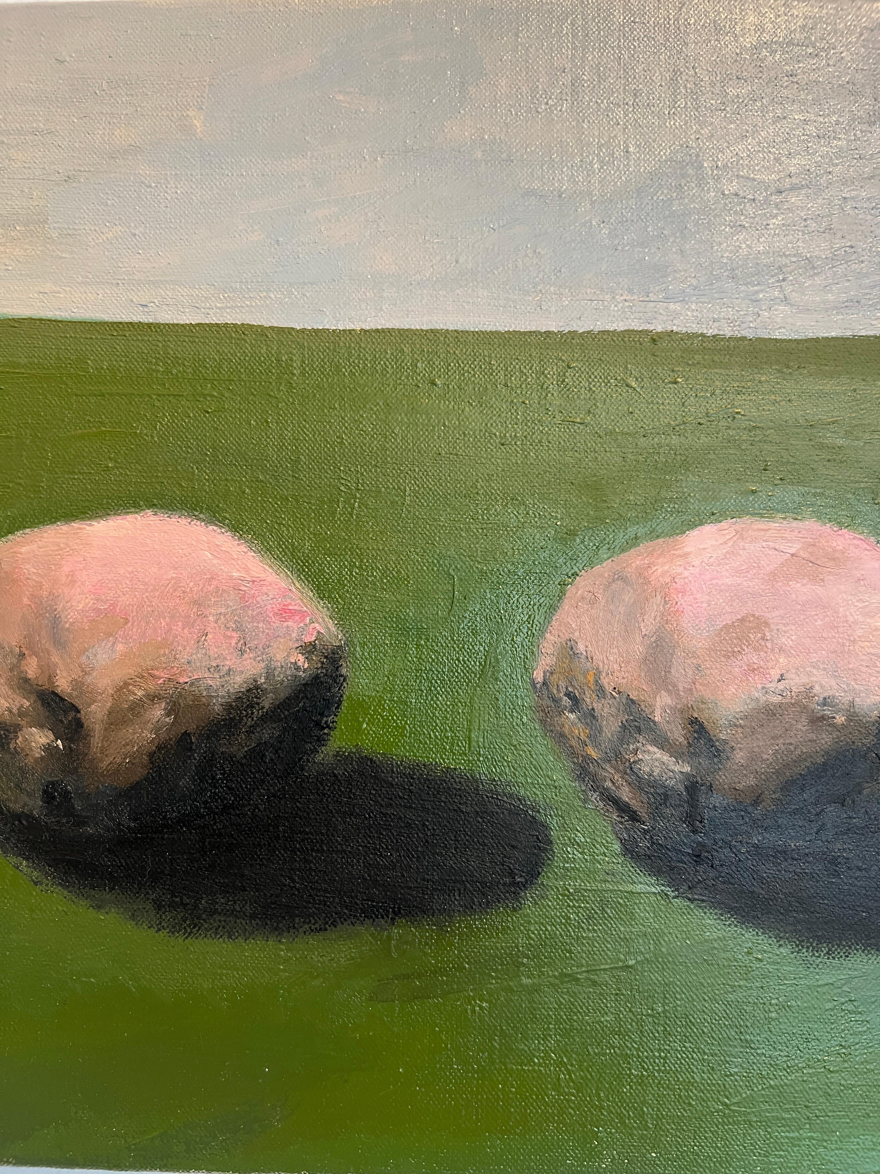 La elección del color rosa para las piedras es deliberada, pues subraya que no se trata de una representación naturalista. Ortega comienza sus pinturas sobre una base magenta, un color que no existe de forma natural y que se desarrolló químicamente