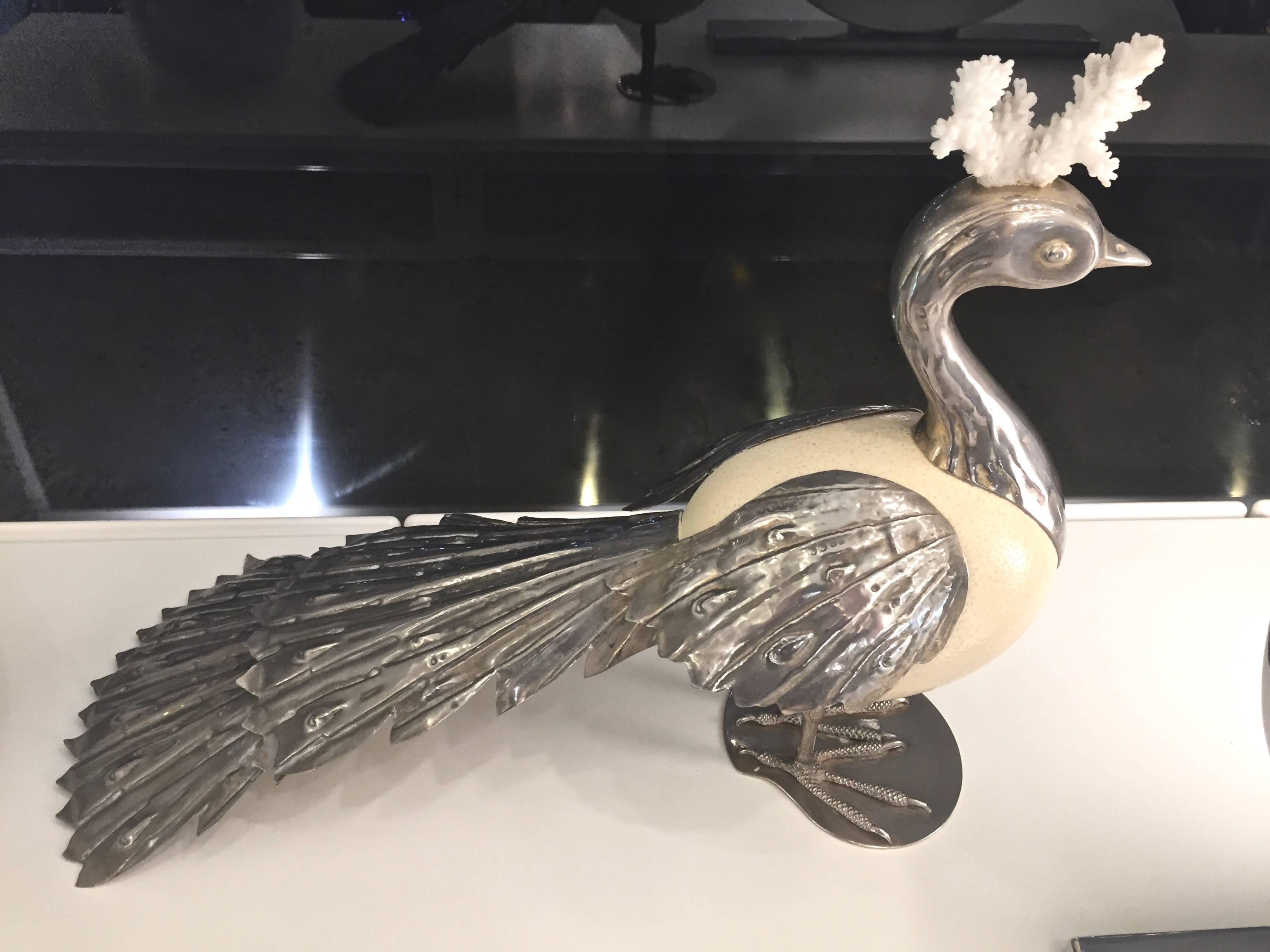 Silvered Antonio Pavia 1970s Italian Silver Plated Cream Bird Sculpture with White Crest For Sale
